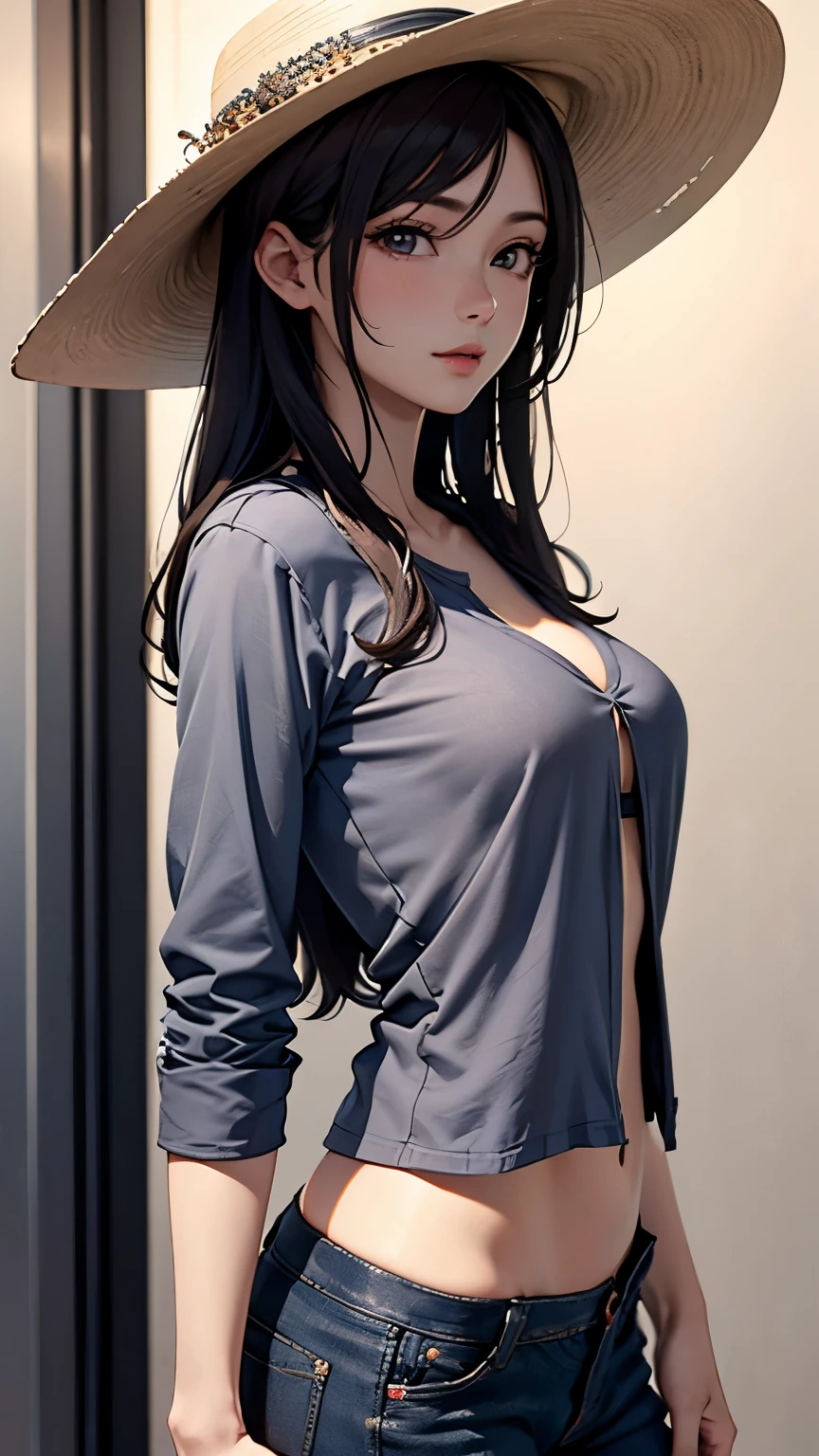 Cowgirl, gray shirt, open chest, gray panties, gray cowboy hat、detailed woman、detailed images、high resolution
