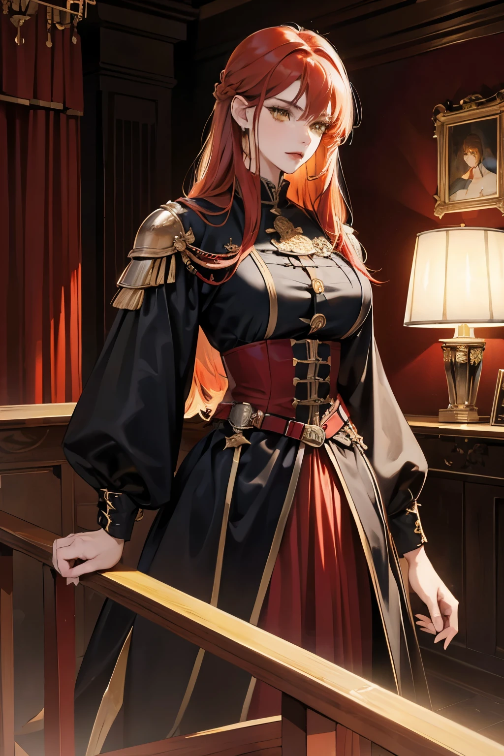 (absurd, high resolution), (panorama), a woman, mature, beautiful, tall, exquisite, yellow eyes, red hair, wearing knights clothes, knights, erotic clothes, black clothes, serene expression, solo character, sexy,
