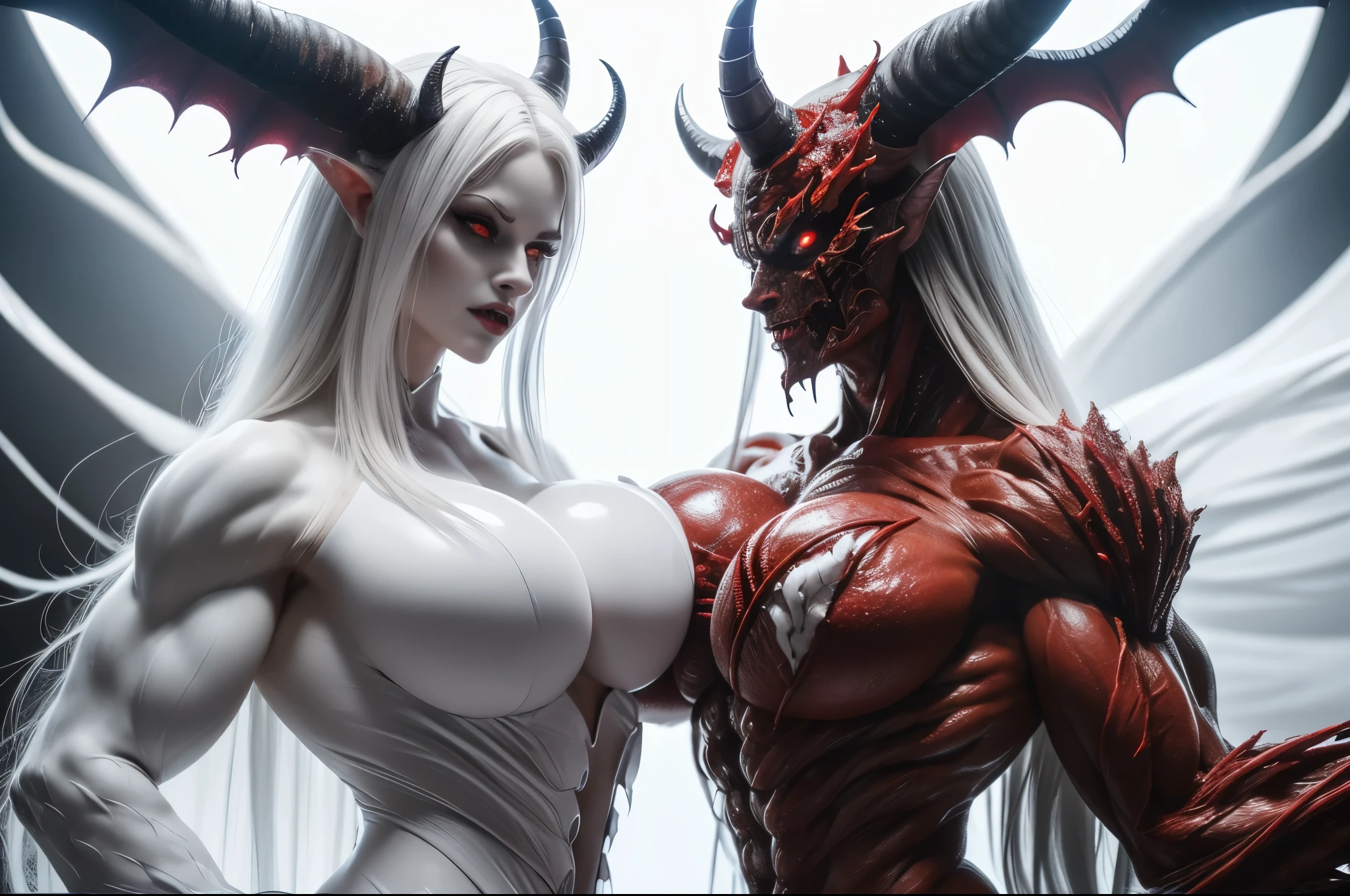 (carnage:1.5),(black and white demoness:1.5),(beautiful female model:1.5), (demoness with Large horns:1.25),(1 super muscular succubus with flayed skin:1.5), (covered in thick white muscle suit:1.5), (exposed perfect anatomy:1.5), high detail, best quality, masterpiece, finely detail, realistic skin texture, 85 mm art lens, f 1.2, sharp focus, 8 k high definition, insanely detailed, intricate, glowing white eyes, white hair, glowing white background, holding whip, hair bun, beautiful female face, white skin
