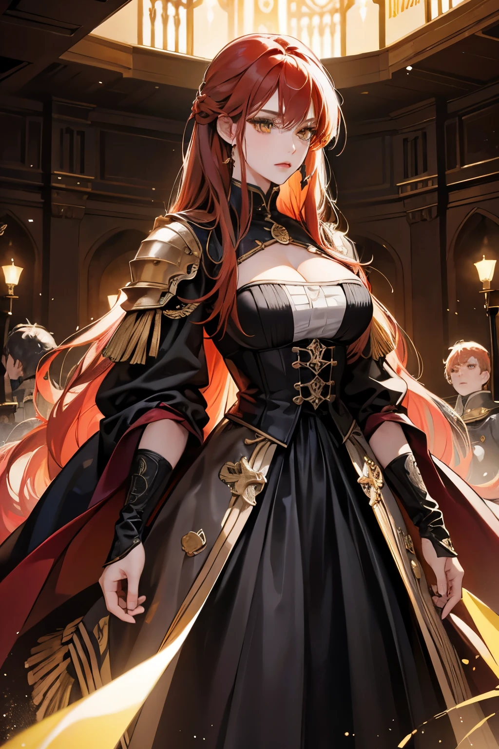 (absurd, high resolution), (panorama), a woman, mature, beautiful, tall, exquisite, yellow eyes, red hair, wearing knights clothes, knights, erotic clothes, black clothes, serene expression, solo character, sexy, 