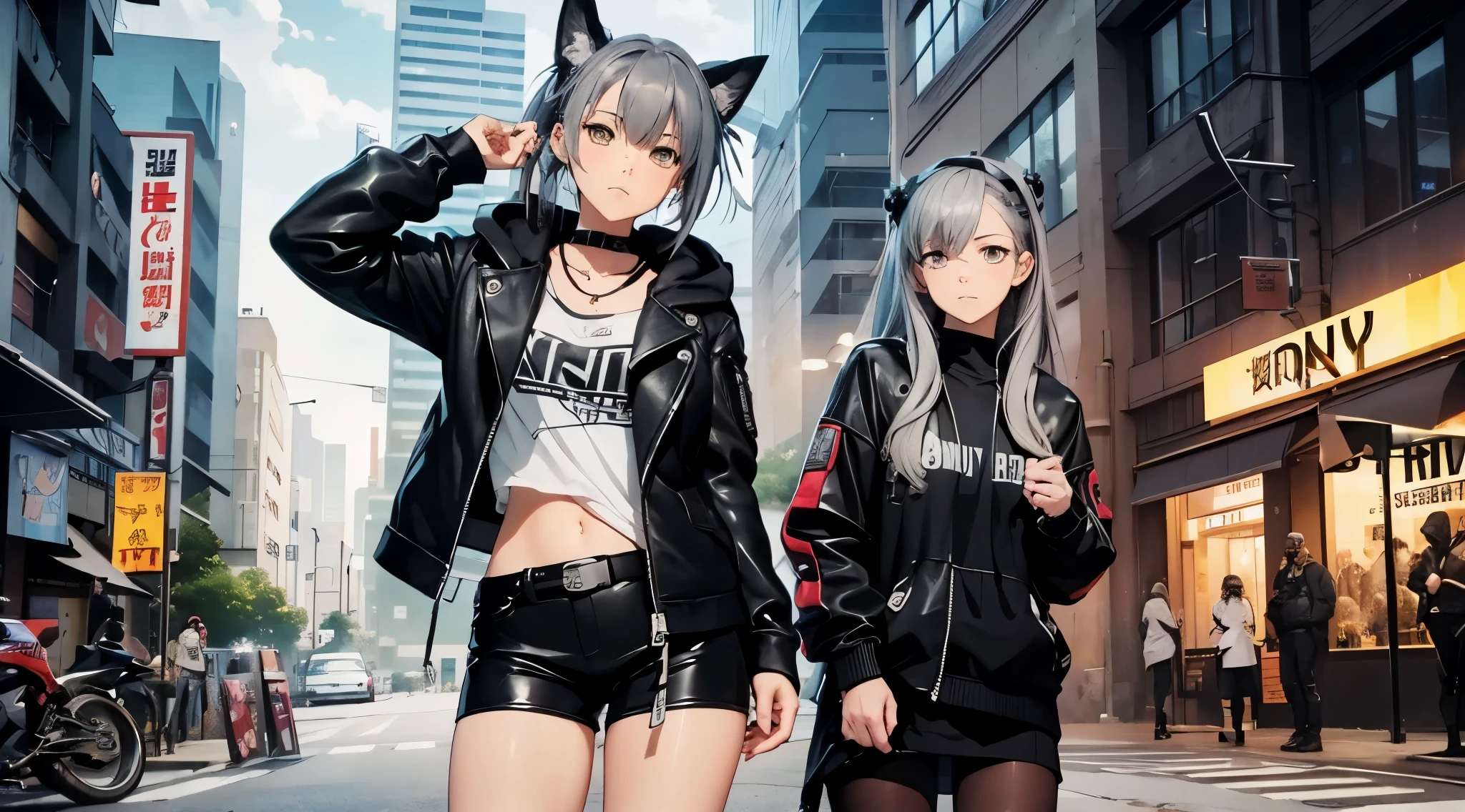 high quality、cyber punk、girl２people、mechanic、comical、anime style etc.、gray hair、bike、leather jacket、punk coloring、city、ナイトcity、Street style、graffiti、hoodie、middle age、tall woman、military、Knee-high boots、weapons、night、二people組、teammates、The touch of the picture is black lagoon style