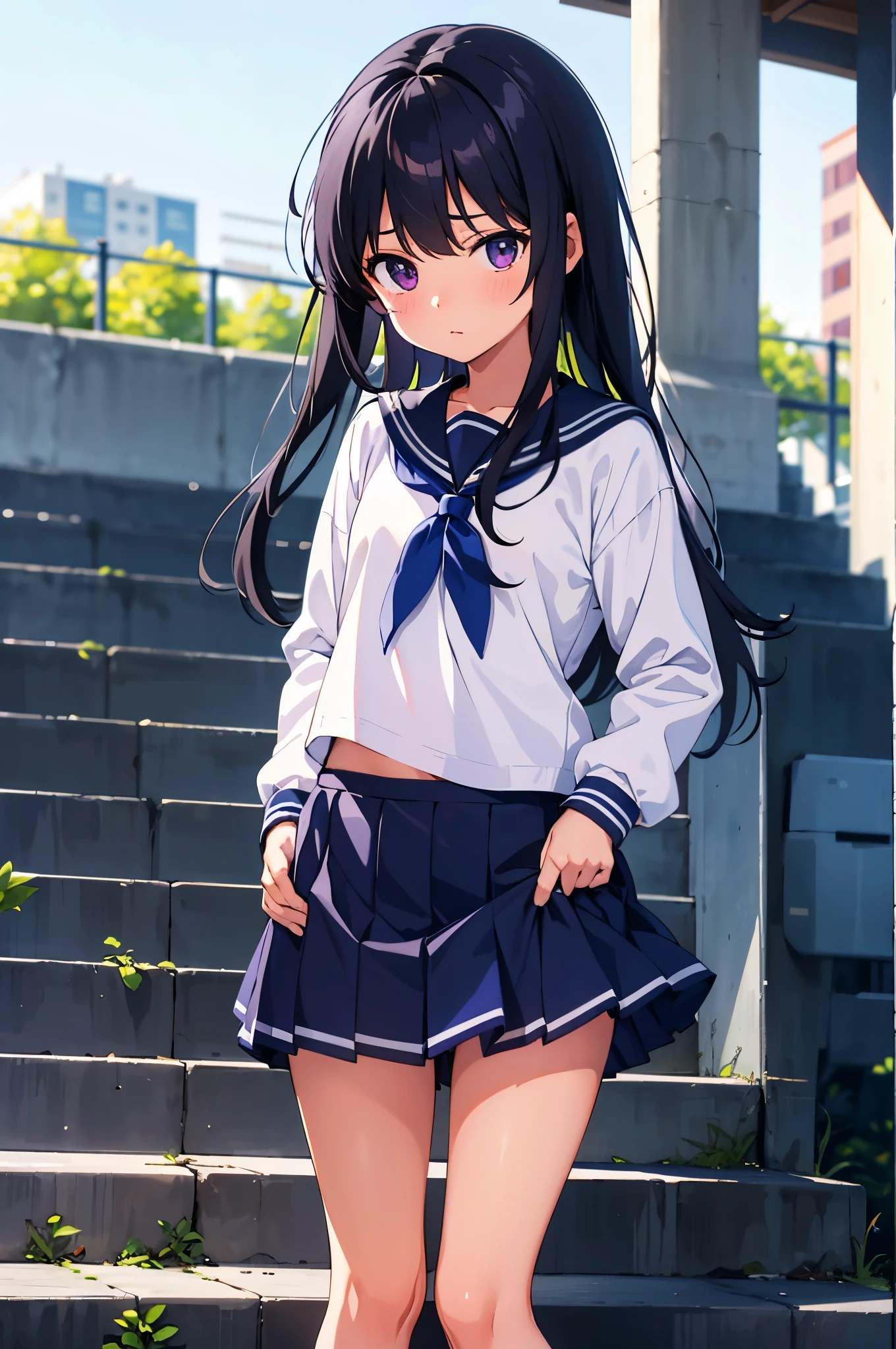 station stairs　elementary school girl　8-year-old　flat chest　black hair　long hair　eyes are purple　（（1 person））　White upper body long sleeve sailor uniform　Lower body navy blue miniskirt　white panties　white socks　sports boots　Going down the stairs　（（white pantiesが見える））　from the front　Low angle centered on the crotch