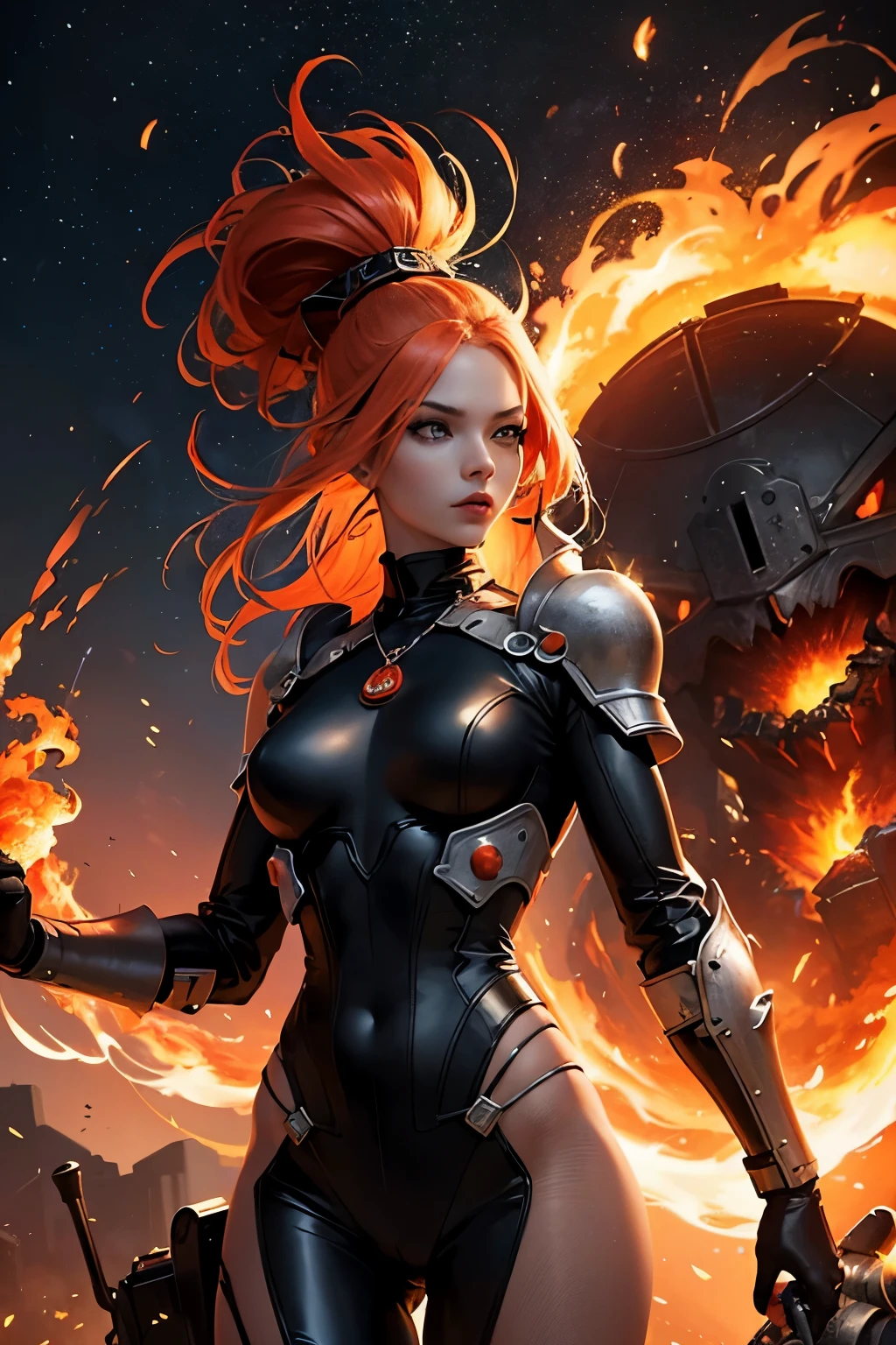 (Flamethrower lady by Arjen Mariessen: 1.3), surreal, otherworldly, extreme, mind-bending, fire elements, futuristic, edgy, galactic, vibrant colors, radiant, glowing, intricate details, third eye, fiery aura, muscular build, body suit, armor-like texture, regal pose, dominating presence, mysterious, emanating power, steamy atmosphere, industrial backdrop, electric current, fiery explosions, energy waves, captivating, mesmerizing, breathtaking, awe-inspiring, steam-punk, post-apocalyptic, powerful, intense, bad