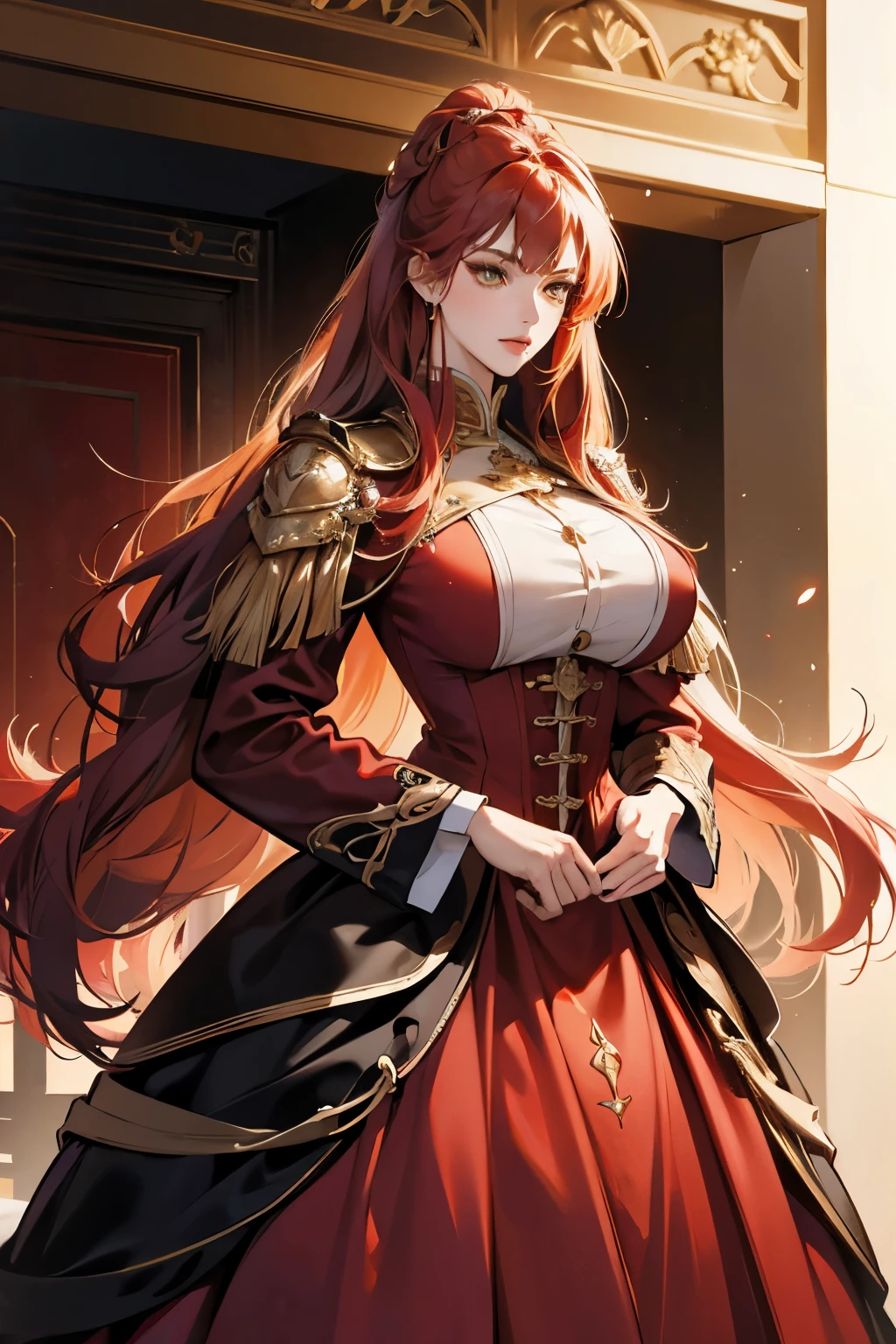 (absurd, high resolution), (panorama), a woman, mature, beautiful, tall, exquisite, yellow eyes, red hair, wearing knights clothes, knights erotic clothes, black clothes, serene expression, solo character, sexy, elegant