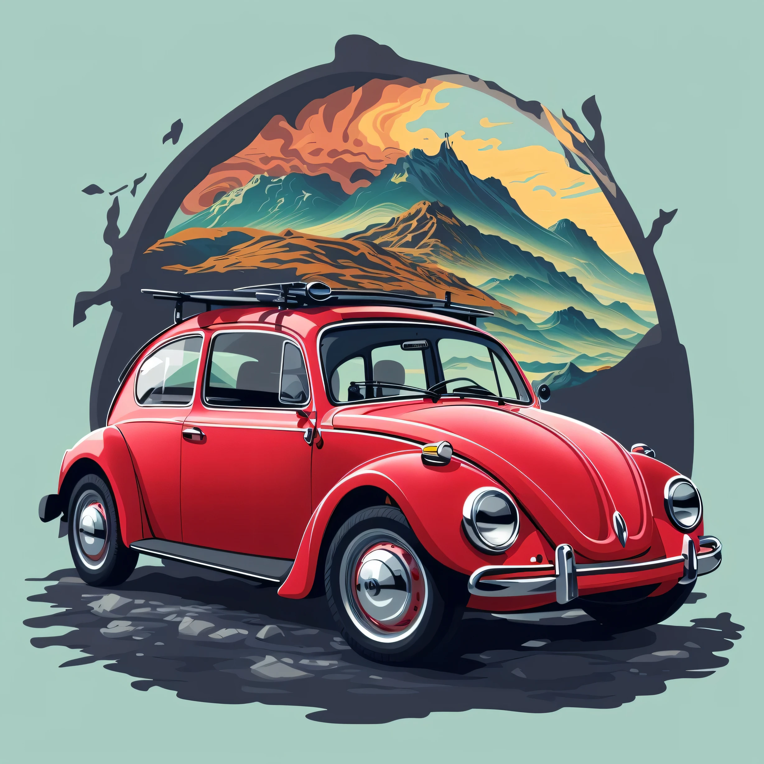 Leaves'um carro vermelho com uma prancha de surf em cima, Besouro, inspirado no besouro, in digital illustration style, pintura digital altamente detalhada, arte vetorial detalhada, vehicle illustration, arte vetorial altamente detalhada, stylized digital illustration, detailed 2D illustration, altamente detalhado hiper real retro, pouco detalhado. pintura digital, a beautiful art illustration, retro illustration