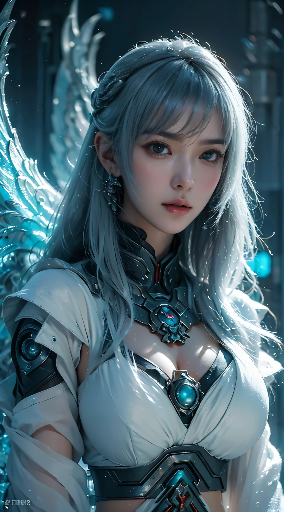 masterpiece,best quality,high resolution,8k,(portrait photo:1.5),(R original photo),real picture,digital photography,(Combination of cyberpunk and fantasy style),(female soldier),20 year old girl,Random hairstyle,white hair,through bangs,(red eye breasts, Accessories,Keep your mouth shut,Elegant and charming,Serious and arrogant,Calm and handsome,(Cyberpunk combined with fantasy style clothing,hollow-carved design,joint armor,combat uniform,White clothes,White color your belly button,photo poses,Realistic style,gray world background,oc render reflection texture