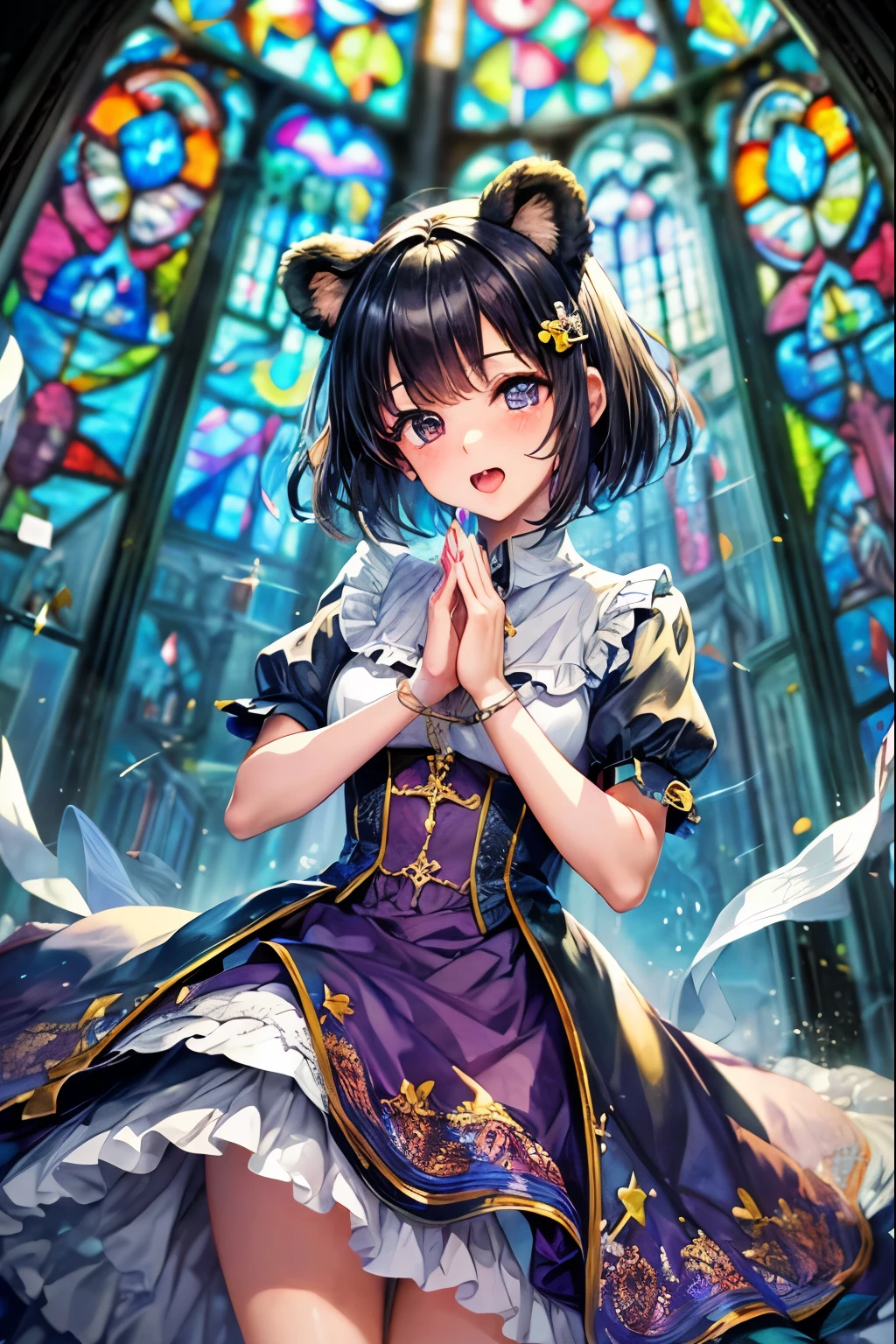 ((worst quality, low-quality)), ((Bear-eared chemomimi girl)), ((Black-haired berry berry short)), (((Hair over one eye))), (((One eye is hidden by hair))), plump shiny lips, Beautiful clear purple eyes, Spoken Heart, Leaning forward, (perfect hand:1.4), (background of beautiful extremely detailed a church with clear and beautiful stained glass with a huge old cross in the center),(sing with her mouth wide open and folded hands:1.4), Confetti, (Stained glass window background), ((Shining sunlight)), (light Particle, light glow, llight rays:1.4), masutepiece,Best Quality,ultra-detailliert,
