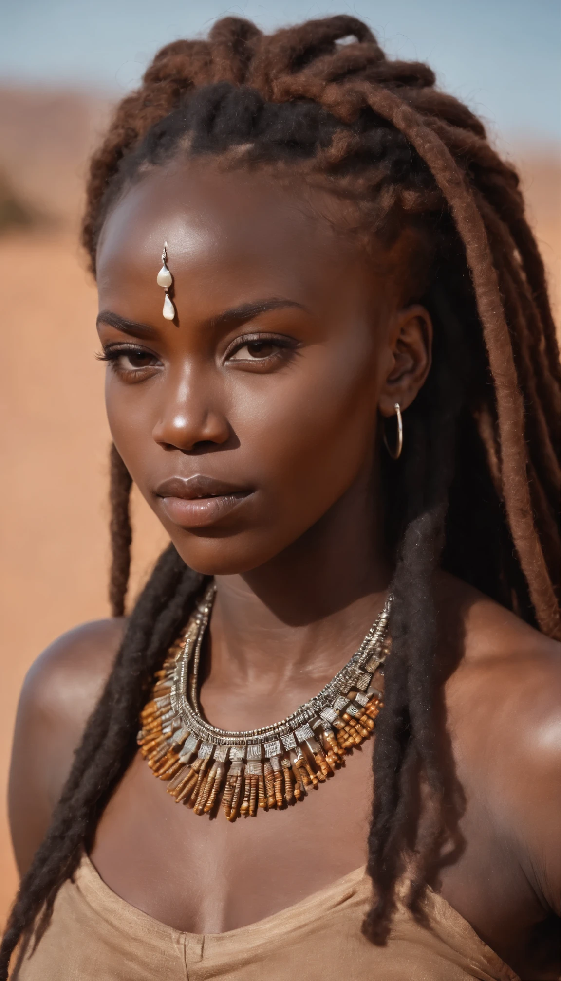 mulher com dreadlocks e um cocar colorido, estilo afrofuturismoo, afrofuturismo, Rainha africana, Princesa africana deslumbrante, Princesa negra africana, futurista himba adolescente, Afrofuturista, Futurista Himba Jovem Mulher, Princesa Africana, cosplay ornamentado, afrofuturista, pele escura deusa feminina do amor, mulher Himba futurista bonita, afrocentric mysticism