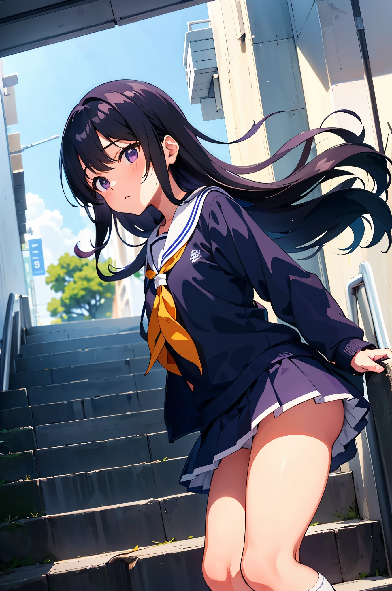 station stairs elementary school girl 8-year-old flat chest black hair long hair eyes are purple ((1 person)) White upper body long sleeve sailor uniform Lower body navy blue miniskirt white panties white socks sports boots Going down the stairs ((white pantiesが見える)) from the front Low angle centered on the crotch