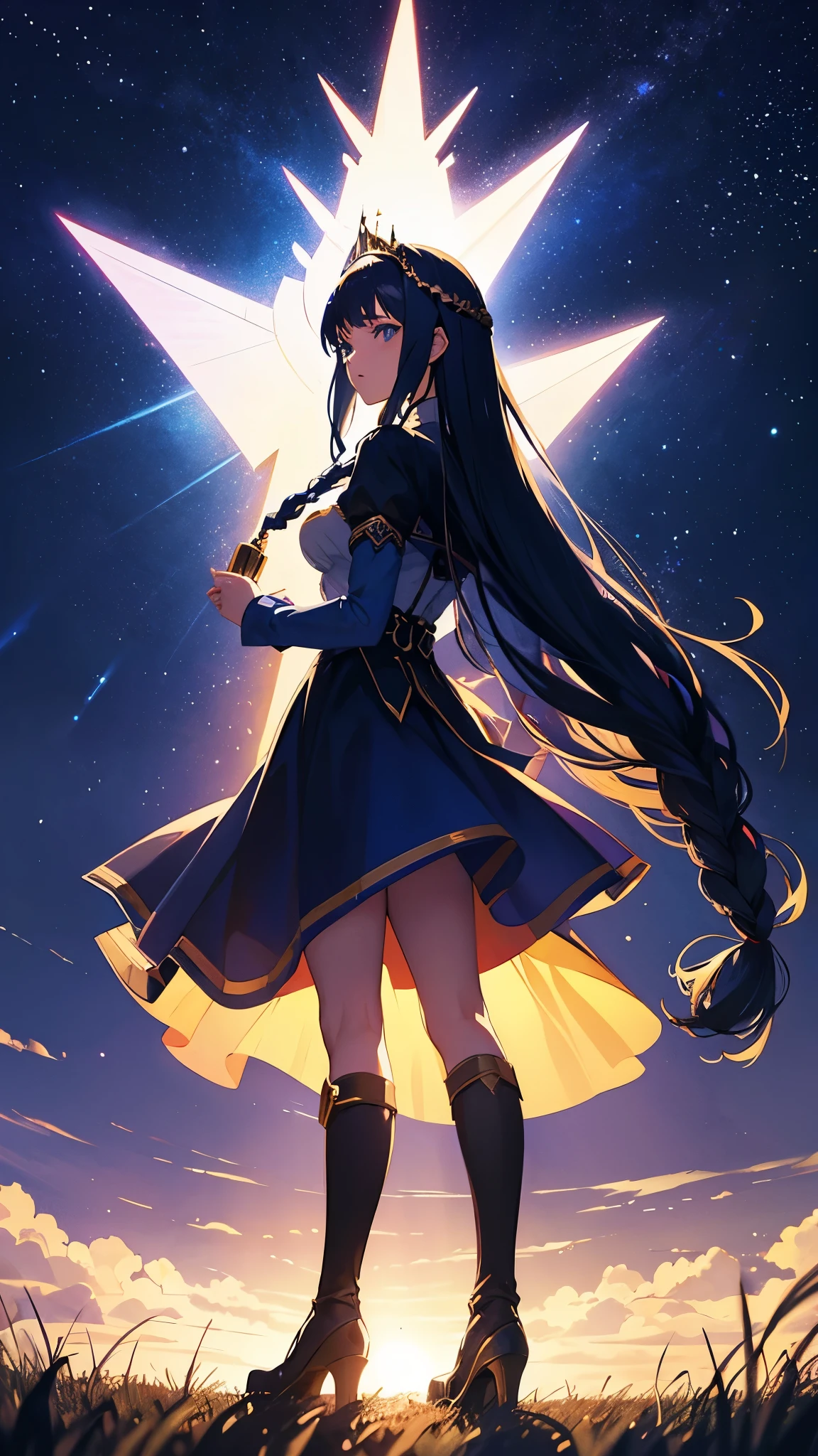 1girl, dark blue hair, long braided hair, princess knight, standing on a field, holding a light, detailed shadow, high contrast, artistic anime art, beautiful starry sky, lens flare