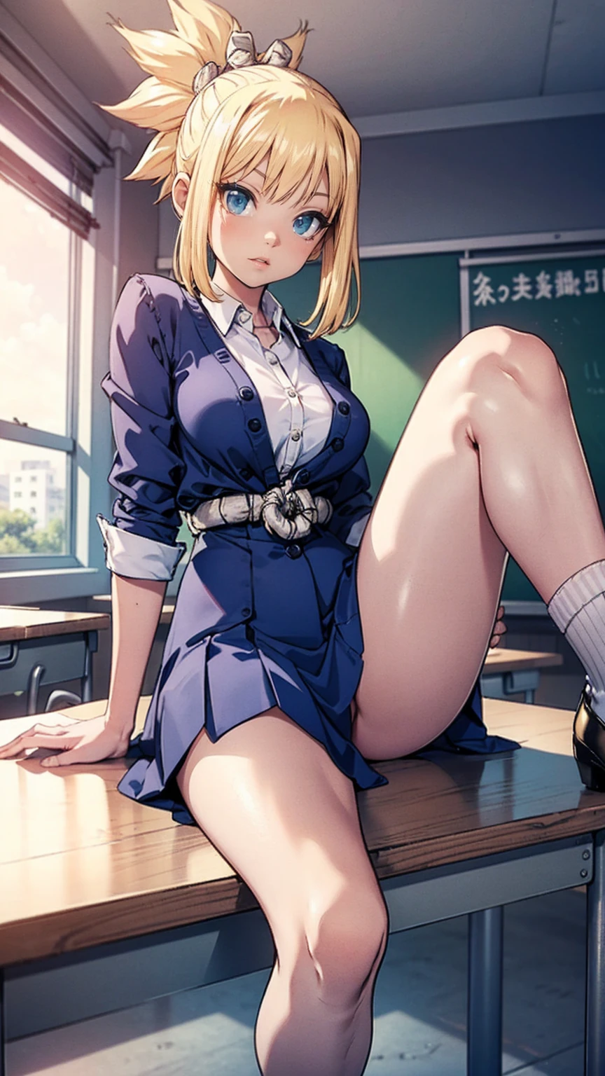 pleated skirt, dress shirt, gray cardigan, low heels, long socks, white socks, school, classroom, kohaku, blonde hair, blue eyes, sitting, legs crossed, kawai, cute, portraits, vivid colors, soft lighting
