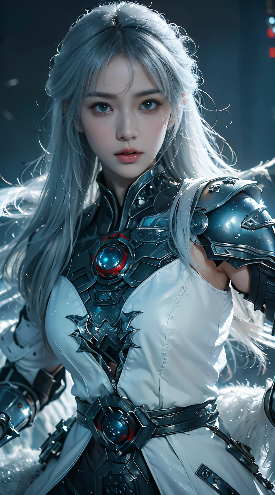 masterpiece,best quality,high resolution,8k,(portrait photo:1.5),(R original photo),real picture,digital photography,(Combination of cyberpunk and fantasy style),(female soldier),20 year old girl,Random hairstyle,white hair,through bangs,(red eye breasts, Accessories,Keep your mouth shut,Elegant and charming,Serious and arrogant,Calm and handsome,(Cyberpunk combined with fantasy style clothing,hollow-carved design,joint armor,combat uniform,White clothes,White color your belly button,photo poses,Realistic style,gray world background,oc render reflection texture