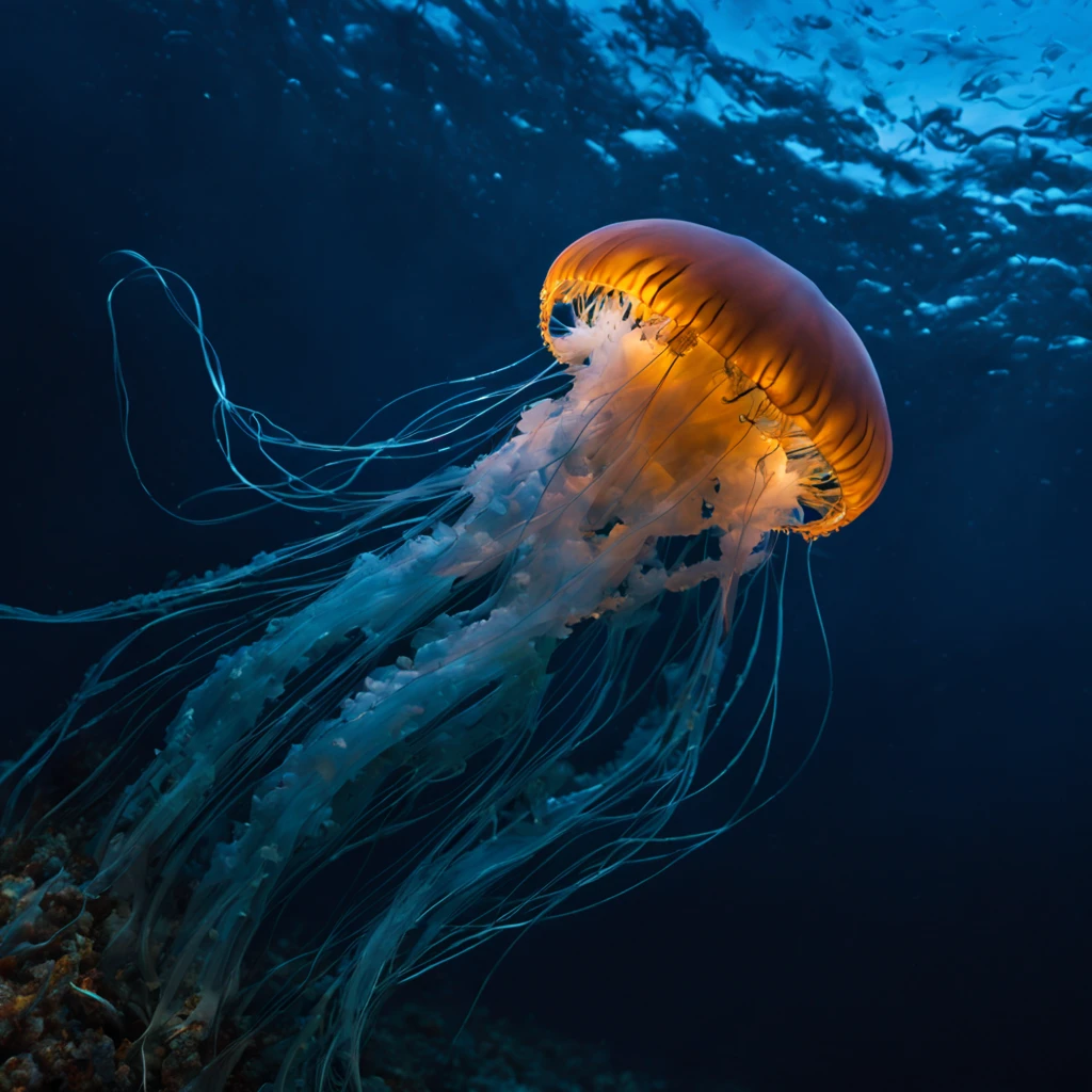 (une belle, mesmerizing round jellyfish),(Bioluminescent jellyfish:1.3),(tentacules doux et brillants),(Corps ),(mouvements délicats et gracieux),(Underwater scene),(eau d&#39;un bleu profond),(reflets subtils),(soft, ambient lighting),(Ethereal beauty),(mouvement fluide et fluide, mysterious and enchanting),(couleurs vibrantes dans les environs),(detailed texture on the tentacles),(hidden patterns on the body),(captivant et surnaturel),(faisceaux lumineux réfractés),(ambiance sereine et paisible),(capturer l&#39;essence de la vie oceanique),(immersed in a quiet world),(danse gracieuse dans les profondeurs de la mer),(conferring a feeling of tranquility and respect),(ombres et lumières dansantes),(capturer l&#39;essence de l&#39;marine elegance),(sensory experience),(ondulations subtiles à la surface de l’eau),(motifs fractals illuminant les environs),(illuminé par bioluminescence),(structure corporelle complexe et délicate),(mouvement serein dans l&#39;eau),(mouvement subtil de l&#39;eau autour d&#39;elle),(evoking a feeling of&#39;wonder),(revealing the hidden beauty of&#39;ocean),(translucent and ethereal),(create a sentiment d&#39;harmonie et d&#39;wonder),(un chef-d&#39;work of nature design),(creating a harmonious contrast between light and&#39;darkness),(une symphonie de couleurs et de textures),(transformer l&#39;ordinaire en extraordinaire),(une exposition captivante de la beauté de la nature).
