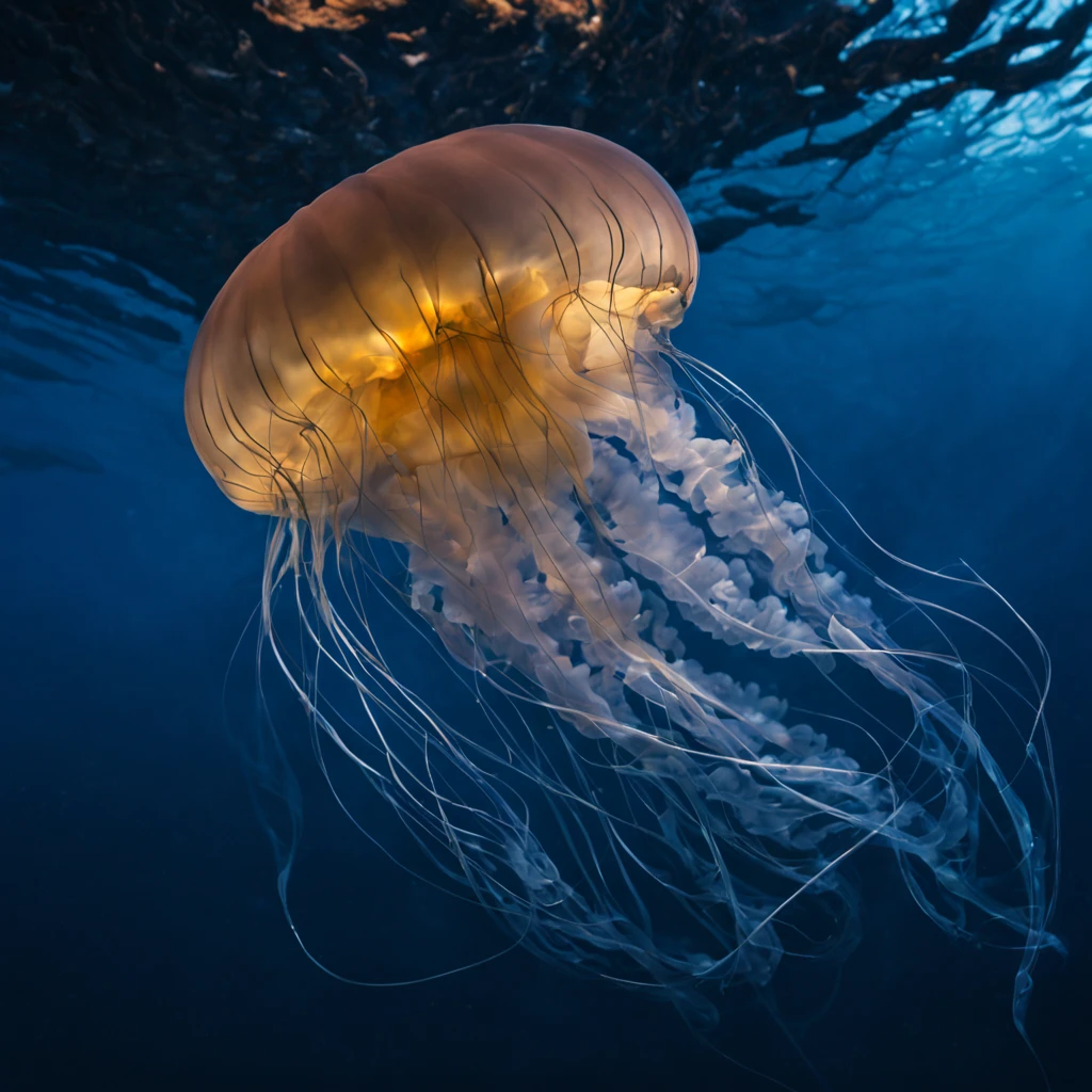 (une belle, mesmerizing round jellyfish),(Bioluminescent jellyfish:1.3),(tentacules doux et brillants),(Corps ),(mouvements délicats et gracieux),(Underwater scene),(eau d&#39;un bleu profond),(reflets subtils),(soft, ambient lighting),(Ethereal beauty),(mouvement fluide et fluide, mysterious and enchanting),(couleurs vibrantes dans les environs),(detailed texture on the tentacles),(hidden patterns on the body),(captivant et surnaturel),(faisceaux lumineux réfractés),(ambiance sereine et paisible),(capturer l&#39;essence de la vie oceanique),(immersed in a quiet world),(danse gracieuse dans les profondeurs de la mer),(conferring a feeling of tranquility and respect),(ombres et lumières dansantes),(capturer l&#39;essence de l&#39;marine elegance),(sensory experience),(ondulations subtiles à la surface de l’eau),(motifs fractals illuminant les environs),(illuminé par bioluminescence),(structure corporelle complexe et délicate),(mouvement serein dans l&#39;eau),(mouvement subtil de l&#39;eau autour d&#39;elle),(evoking a feeling of&#39;wonder),(revealing the hidden beauty of&#39;ocean),(translucent and ethereal),(create a sentiment d&#39;harmonie et d&#39;wonder),(un chef-d&#39;work of nature design),(creating a harmonious contrast between light and&#39;darkness),(une symphonie de couleurs et de textures),(transformer l&#39;ordinaire en extraordinaire),(une exposition captivante de la beauté de la nature).