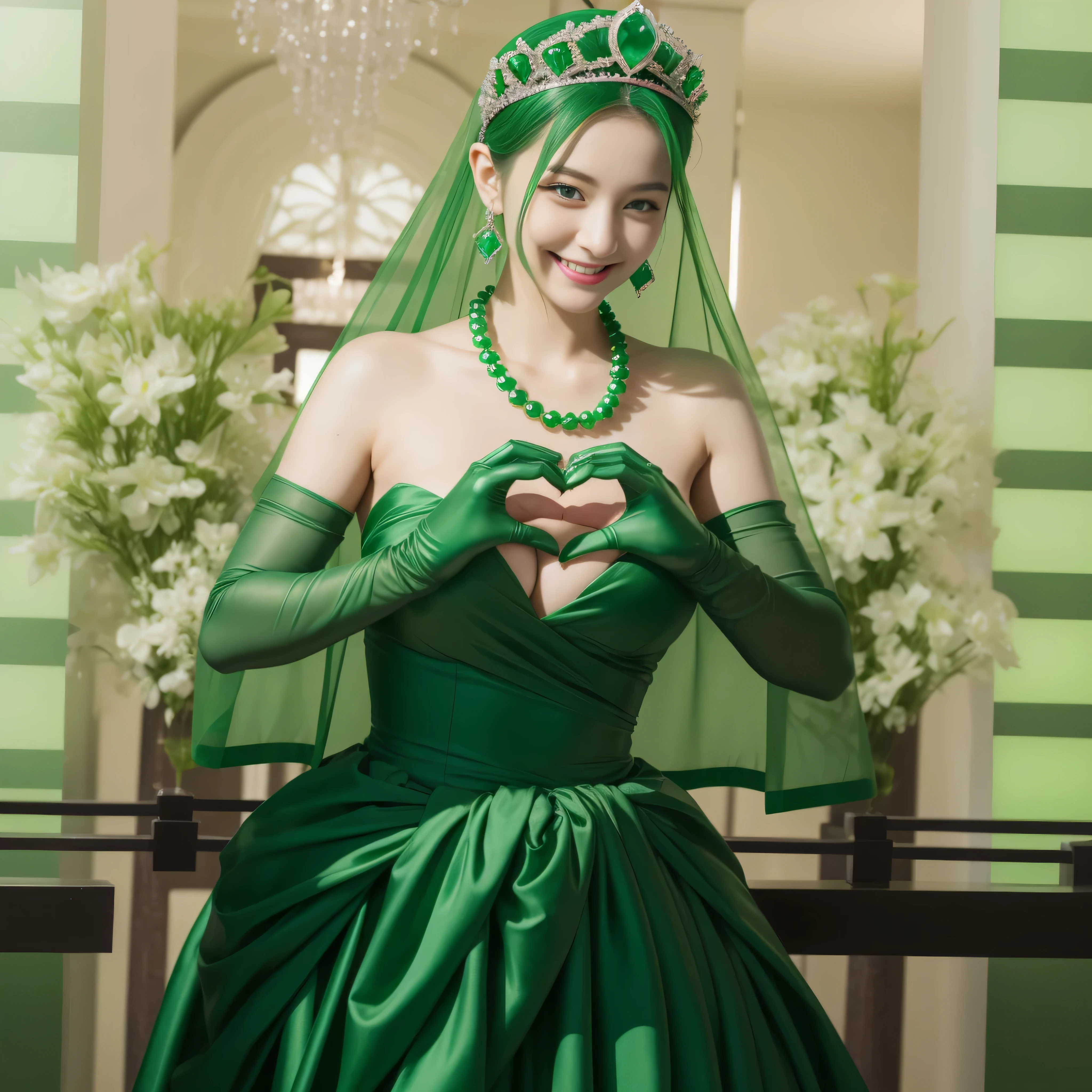 emerald tiara, Green Pearl Necklace, ボーイッシュな非常に短いgreen hair, green lips, smiling Japanese woman, very short hair,  Beautiful woman with big breasts, green eyes, green satin long gloves, green eyes, emerald earrings, Green veil, Heart with both hands, green hair, beautiful japanese woman, heart shaped hands:1.3, green lip gloss