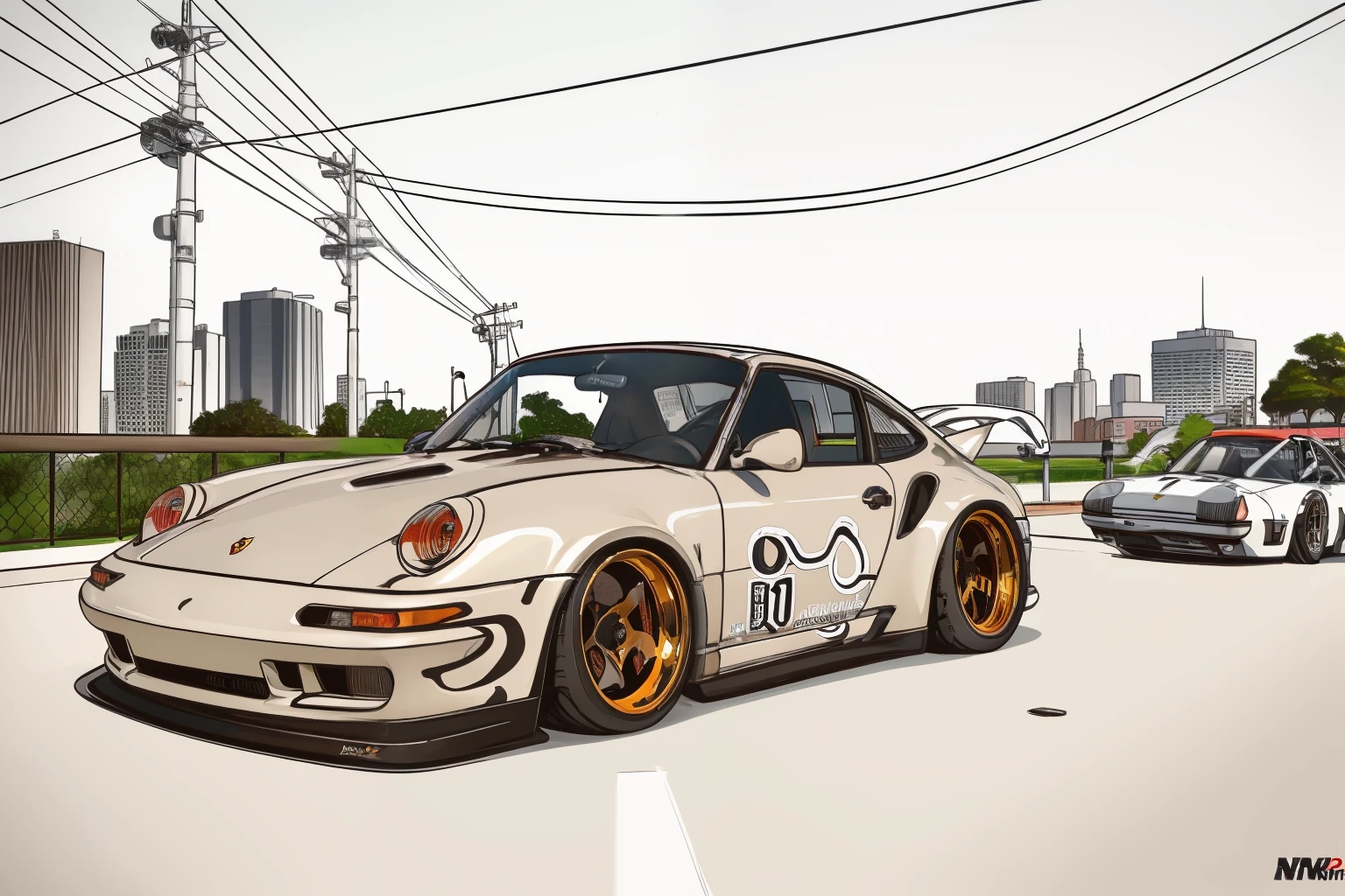 nvinkpunk, painting of a city with a Kodiak brown metallic paint, metallic brown Porsche 911 rwb rotting,wide bodykit, large wheels, high quality,