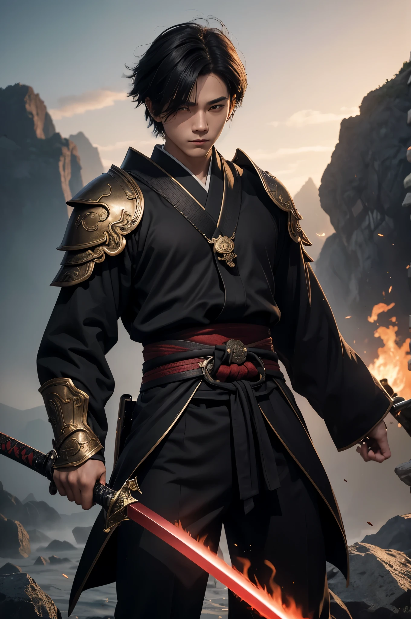 8k、alone、16 year old androgynous cool boy wearing a men&#39;s black kimono,Super beautiful teenager(like the real thing),black eye,super beautiful teenager,Black short bob hair,black pants(devil&#39;s emblem),golden decoration,long and large Japanese sword,demon slayer androgynous boy,Remains,amazing work of art、wind effect:1.9、cloud effect:1.2、full rendering、Caustic soda coating、unreal engine、1 Japanese sword,innocent look,cool androgynous boy,ultra high resolution,super 超realistic skin,Super precise hand details,１Japanese sword and book,smile,battle scene,action scene,action pose,fighting style,Photorealistic RAW photos of the highest quality。Backlight, cinematic lighting, film grain, to be born, 50mm lens, Nikon D850,realistic skin,fantasy art,character art,ultra high resolution,muscular slim body,muscular slender lower body,Precise facial details,Remains,perfect hands,cool androgynous handsome boy,landscape,Red Gauntlet(devil&#39;s emblem),Red shoulder armor(devil&#39;s emblem),A large amount of thick red smoke around the body(largely),super realistic smoke,