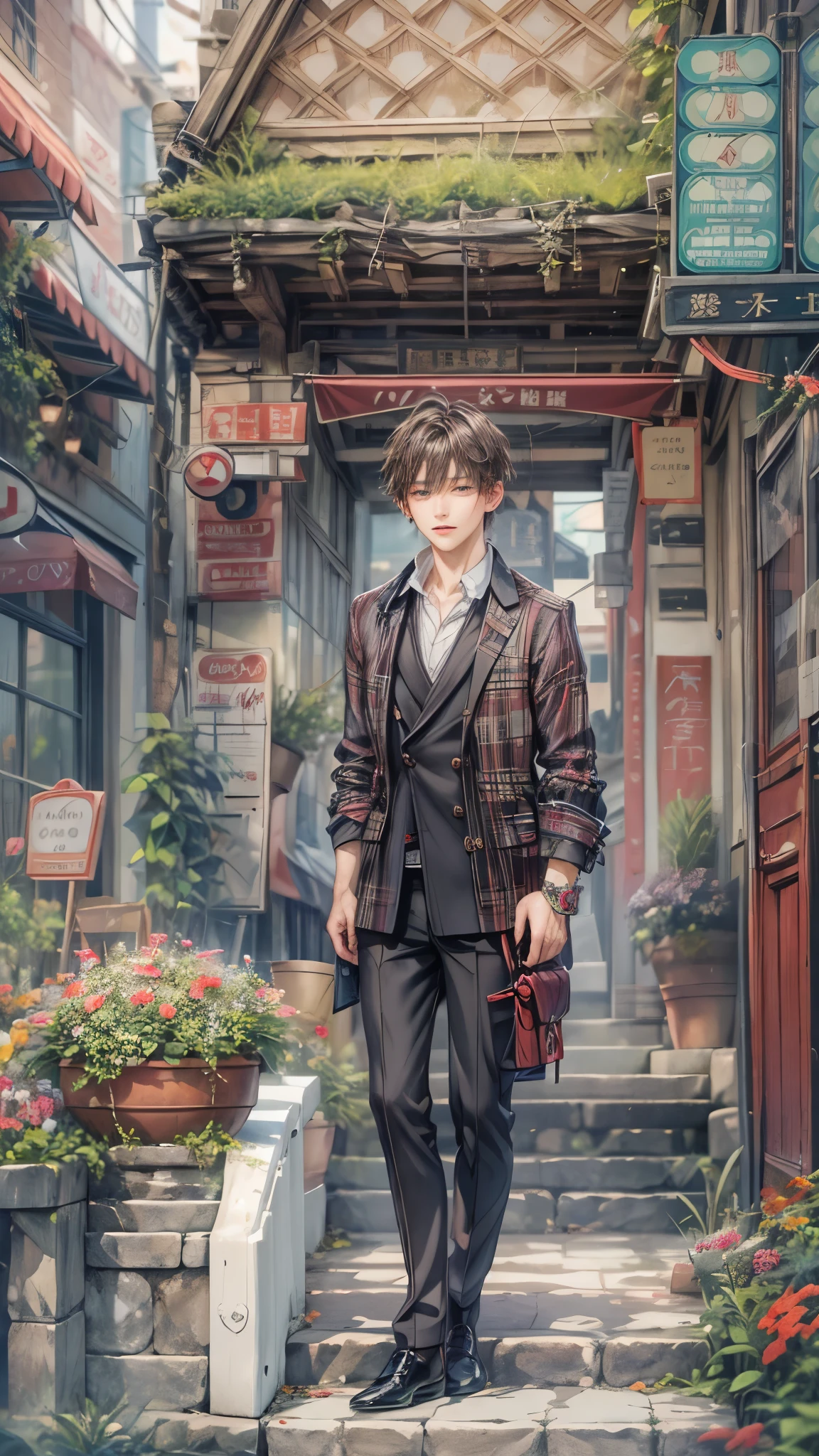 (absurdres, highres, ultra detailed, HDR), masterpiece, intricate, best quality, portrait of a character from Ikemen Shoujo Manga, a male idol in a detailed scenery town background 