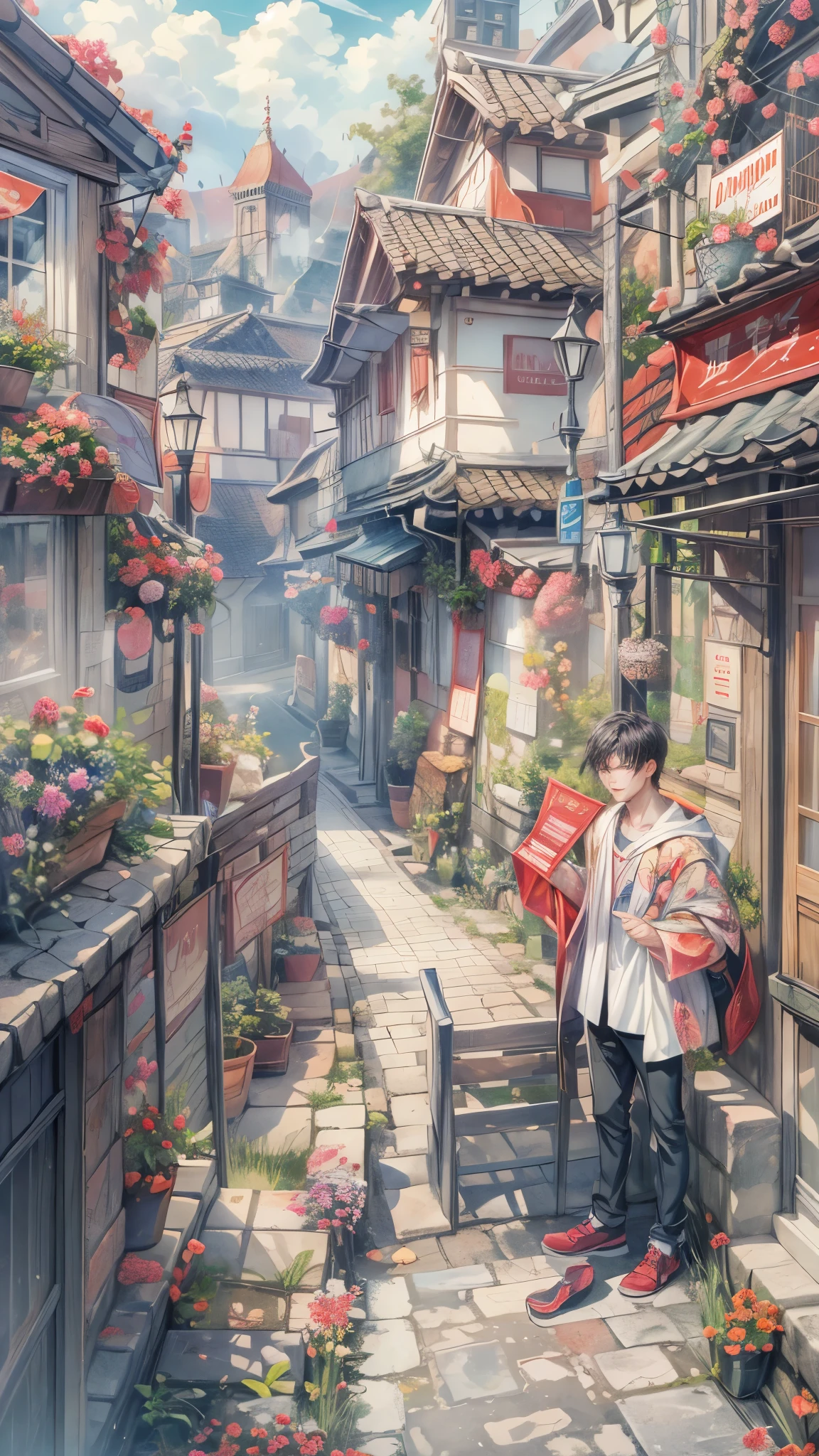 (absurdres, highres, ultra detailed, HDR), masterpiece, intricate, best quality, portrait of a character from Ikemen Shoujo Manga, a male idol in a detailed scenery town background 