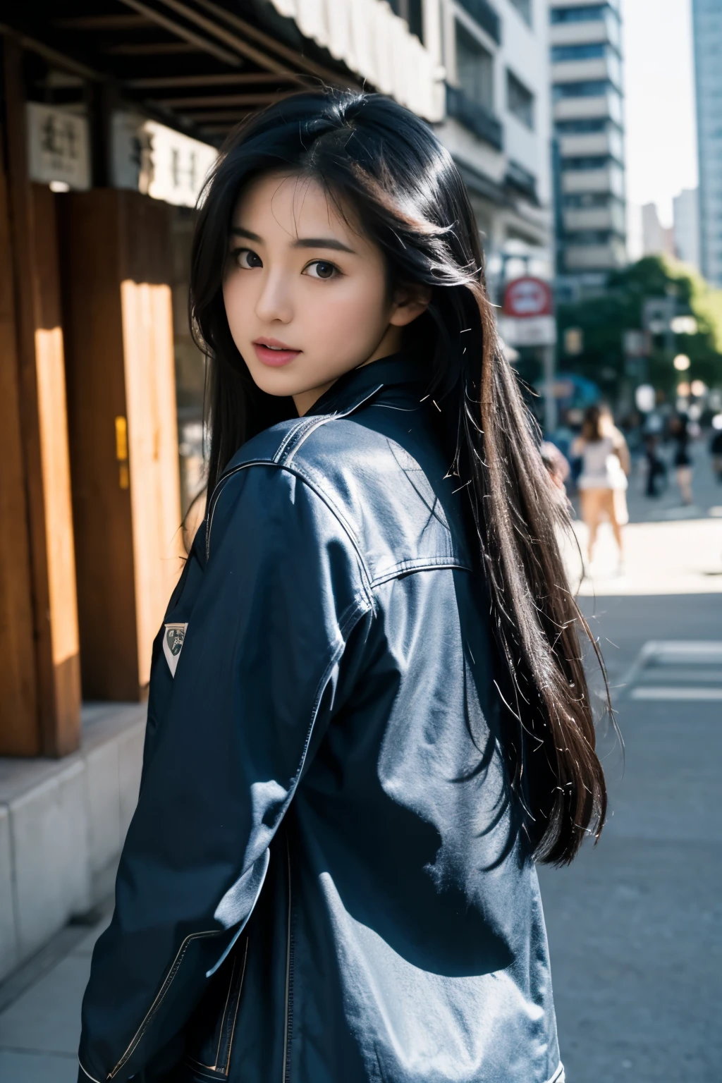 masterpiece, highest quality, alone, detailed face, perfect proportions, realistic pictures, ,Photo of mature Japanese high school girl , long black hair, urban tech wear, uniform, blurred background, focus of the eye, cowboy shot, image from below、huge city background, look back, dramatic light, cinematic light,