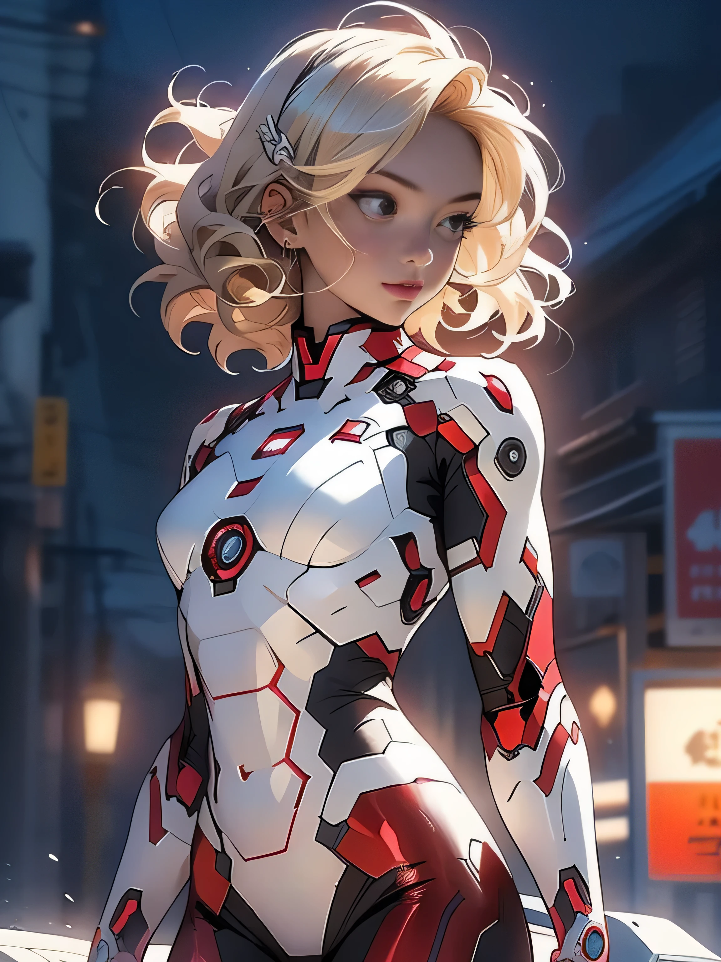 18yo Girl,White IronMan suit,short and wavy hair,blondehair,beautifulface,lluvia,teto,The Masterpiece,exquisite detailing,Perfect anatomy,best qulity,ultra-highresolution,4k, Full body Shot