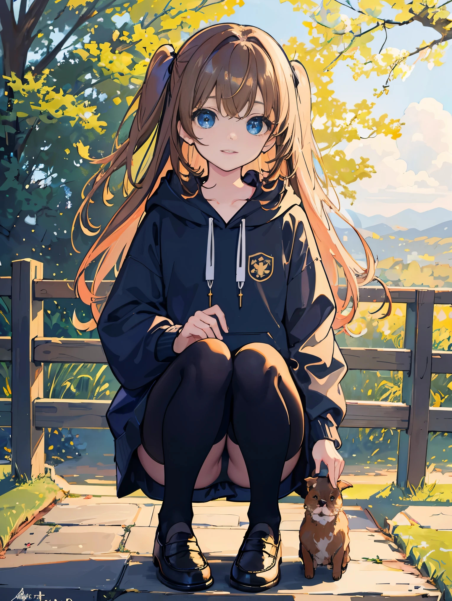 Anime girl sitting on a bench with a small dog - SeaArt AI