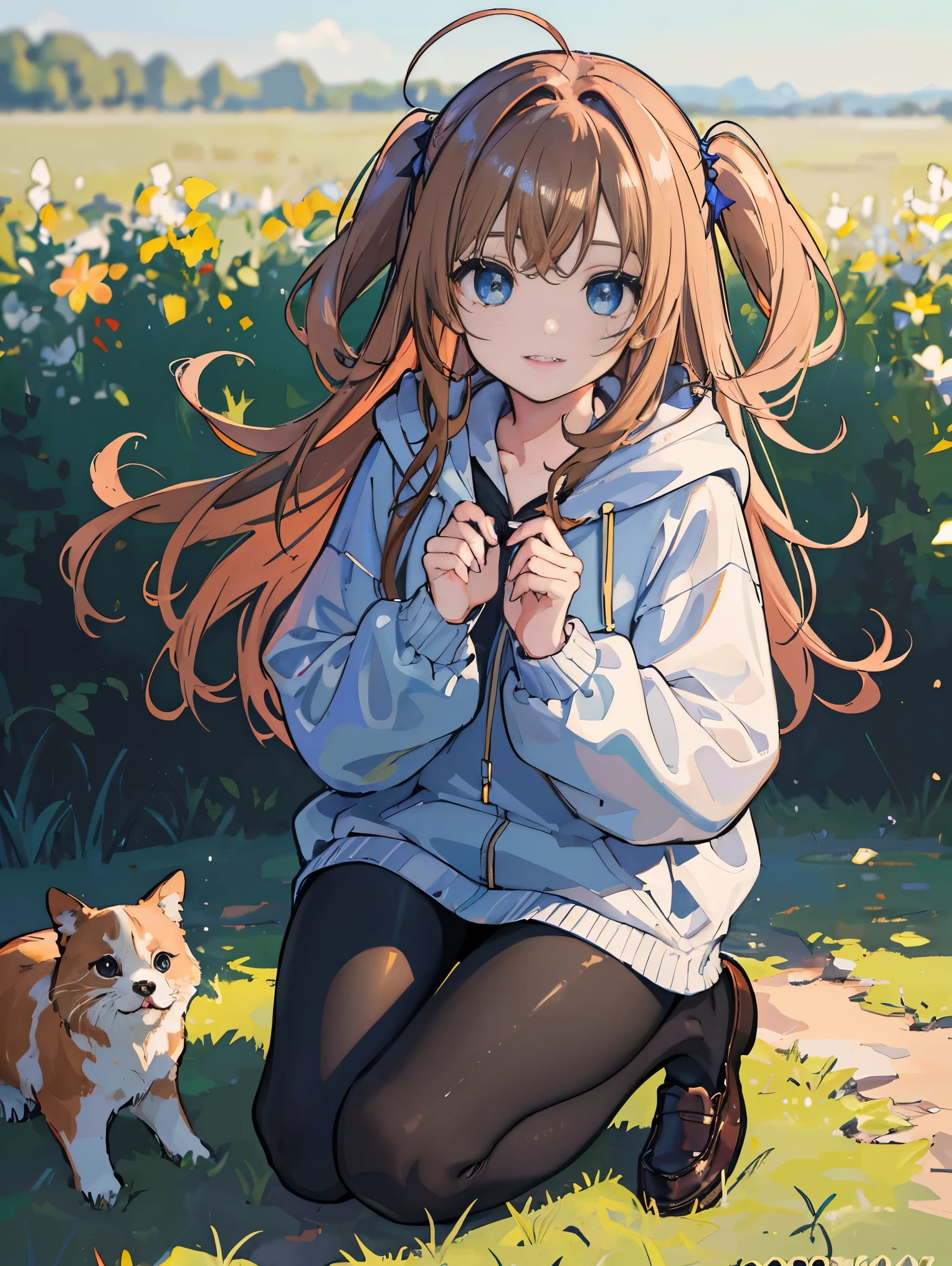 (highest quality,High resolution,masterpiece:1.2),Super detailed,realistic,HDR,Professional,bright chestnut hair,Bokeh,portrait,landscape,photograph,concept artist,soft pastel tones,pastoral lighting,fine and beautiful eyes,thick and beautiful lips,highly detailed eyes and face,long eyelashes,sparkling eyes,delicate nose,cute smile,brown curly hair,1 Ahoge,adorable cute girl,low length,見事なProfessionalポーション,Cute personality,attractive appearance,kneel on the ground,bright blue eyes,innocent look,two side up hair, long blue hoodie,black leggings,dark brown loafers、hitchhiking
