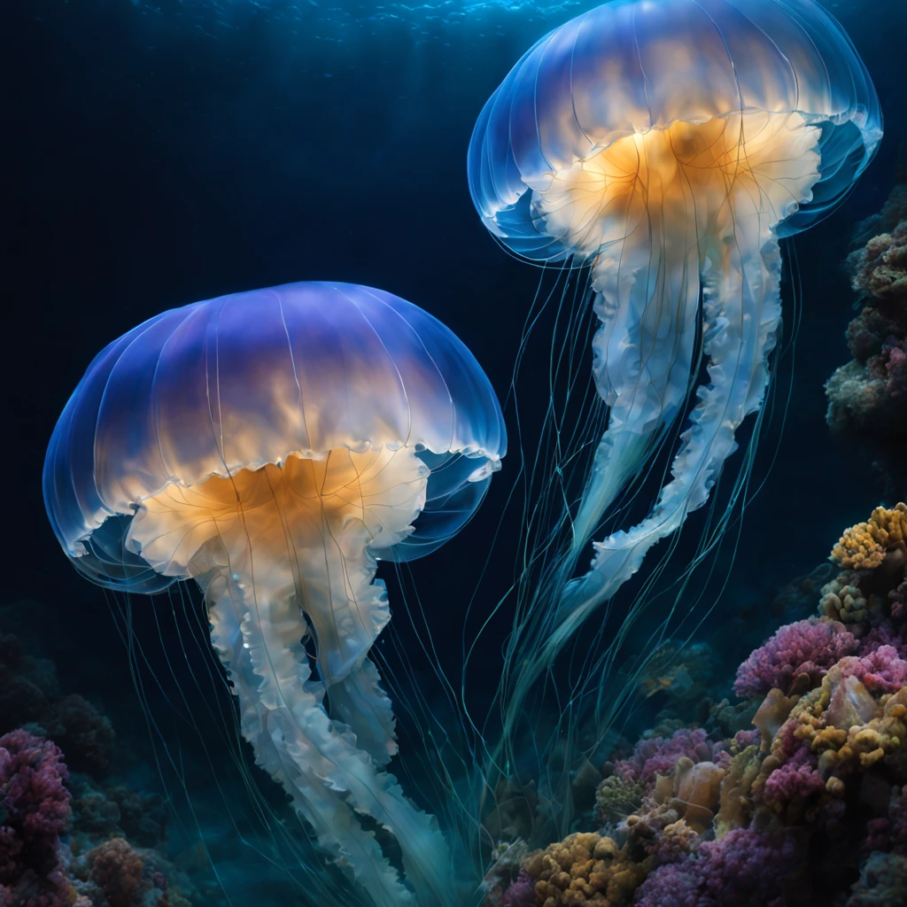 (une belle, mesmerizing round jellyfish),(Bioluminescent jellyfish:1.3),(tentacules doux et brillants),(Corps ),(mouvements délicats et gracieux),(Underwater scene),(eau d&#39;un bleu profond),(reflets subtils),(soft, ambient lighting),(Ethereal beauty),(mouvement fluide et fluide, mysterious and enchanting),(couleurs vibrantes dans les environs),(detailed texture on the tentacles),(hidden patterns on the body),(captivant et surnaturel),(faisceaux lumineux réfractés),(ambiance sereine et paisible),(capturer l&#39;essence de la vie oceanique),(immersed in a quiet world),(danse gracieuse dans les profondeurs de la mer),(conferring a feeling of tranquility and respect),(ombres et lumières dansantes),(capturer l&#39;essence de l&#39;marine elegance),(sensory experience),(ondulations subtiles à la surface de l’eau),(motifs fractals illuminant les environs),(illuminé par bioluminescence),(structure corporelle complexe et délicate),(mouvement serein dans l&#39;eau),(mouvement subtil de l&#39;eau autour d&#39;elle),(evoking a feeling of&#39;wonder),(revealing the hidden beauty of&#39;ocean),(translucent and ethereal),(create a sentiment d&#39;harmonie et d&#39;wonder),(un chef-d&#39;work of nature design),(creating a harmonious contrast between light and&#39;darkness),(une symphonie de couleurs et de textures),(transformer l&#39;ordinaire en extraordinaire),(une exposition captivante de la beauté de la nature).