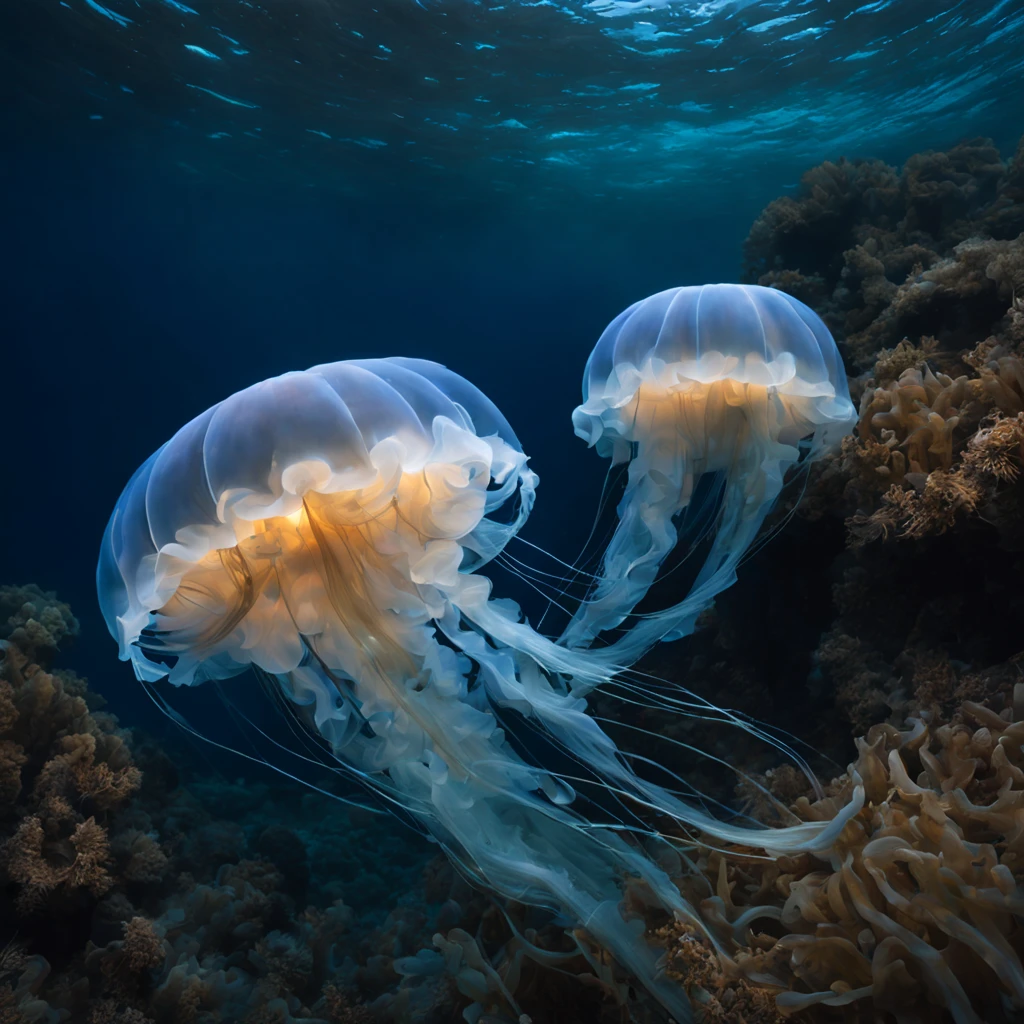 (a beautiful, mesmerizing round-shaped jellyfish),(bioluminescent jellyfish:1.3),(soft glowing tentacles),(transparent body),(delicate and graceful movements),(underwater scene),(deep blue water),(subtle reflections),(soft and ambient lighting),(ethereal beauty),(fluid and flowing motionysterious and enchanting),(vibrant colors in the surroundings),(detailed texture on the tentacles),(hidden patterns on the body),(captivating and otherworldly),(refracted light beams),(serene and peaceful atmosphere),(capturing the essence of ocean life),(submerged in a tranquil world),(graceful dance in the depths of the sea),(imparting a sense of tranquility and awe),(dancing lights and shadows),(capturing the essence of marine elegance),(sensorial experience),(subtle ripples on the water surface),(fractal patterns illuminating the surroundings),(illuminated by bioluminescence),(intricate and delicate body structure),(serene movement through the water),(subtle movement of the water around it),(evoking a sense of wonder),(revealing the hidden beauty of the ocean),(translucent and ethereal),(creating a sense of harmony and wonderment),(a masterpiece of nature's design),(creating a harmonious contrast between light and dark),(a symphony of colors and textures),(transforming the ordinary into the extraordinary),(a captivating display of nature's beauty).