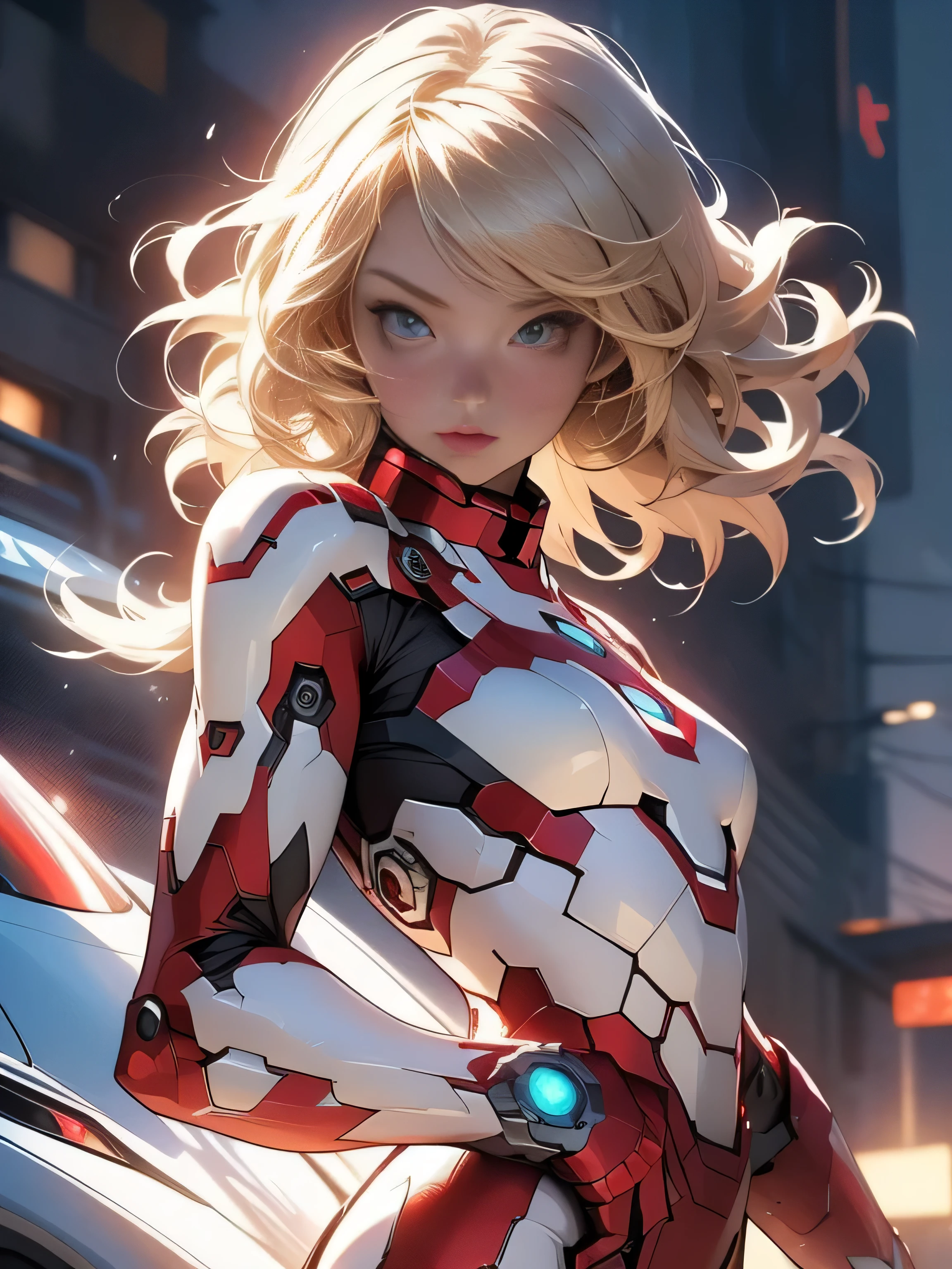 ((Best quality)), ((masterpiece)), (detailed: 1.4), (Absurd), War-ready female fighter pilot, dark skin, flash dc comics, lightning and lightning, muscular sculptural body defined, full body, half-thick naked thighs, closed mouth, muscular body covered in technological clothing, Neon Genesis Evangelion style, cyberpunk, generous neckline, ((perfect medium breasts)), (super light blue eyes without pupils),  ((totally red clothes white rays)), (((short blonde straight hair)))), long eyelashes and black heavy makeup, garter belt, by mucha, niji --V5, close to real, psychopath, crazy face, sexy pose, red and white background, 2 pieces clothing, pastel, centered, scale to fit dimensions, HDR (High Dynamic Range),Ray Tracing,NVIDIA RTX,Super-Resolution,Unreal 5,Subsurface dispersion,  PBR Texture, Post-processing, Anisotropic filtering, Depth of field, Maximum clarity and sharpness, Multilayer textures, Albedo and specular maps, Surface shading, Accurate simulation of light-material interaction, Perfect proportions, Octane Render, Two-tone lighting, Wide aperture, Low ISO, White balance, Rule of thirds, 8K RAW, crysisnanosuit