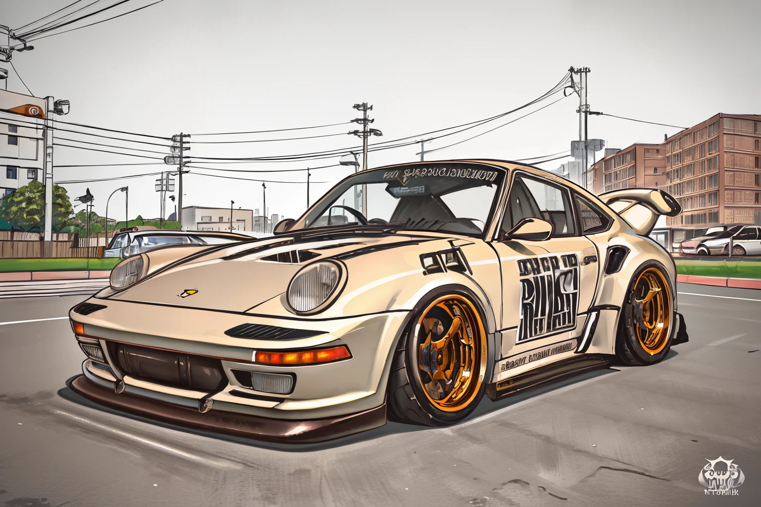 nvinkpunk, painting of a city with a Kodiak brown metallic paint, metallic brown Porsche 911 rwb rotting,wide bodykit, large wheels, high quality,