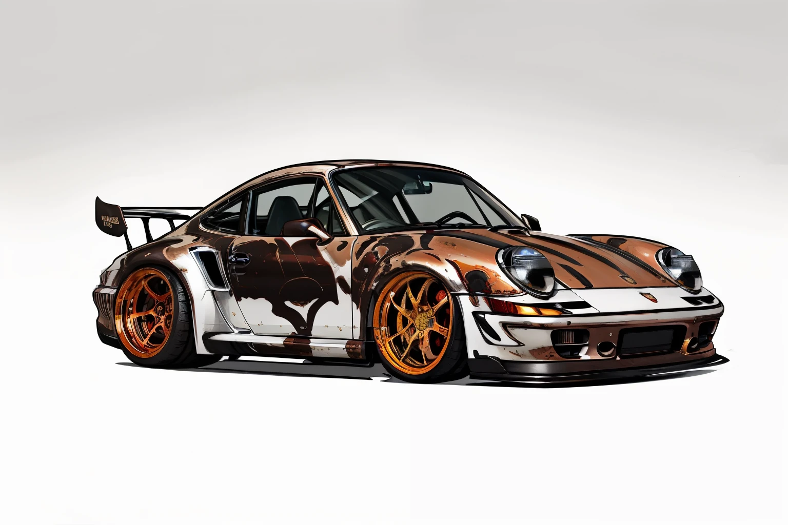 nvinkpunk, painting of a city with a Kodiak brown metallic paint, metallic brown Porsche 911 rwb rotting,wide bodykit, large wheels, high quality,