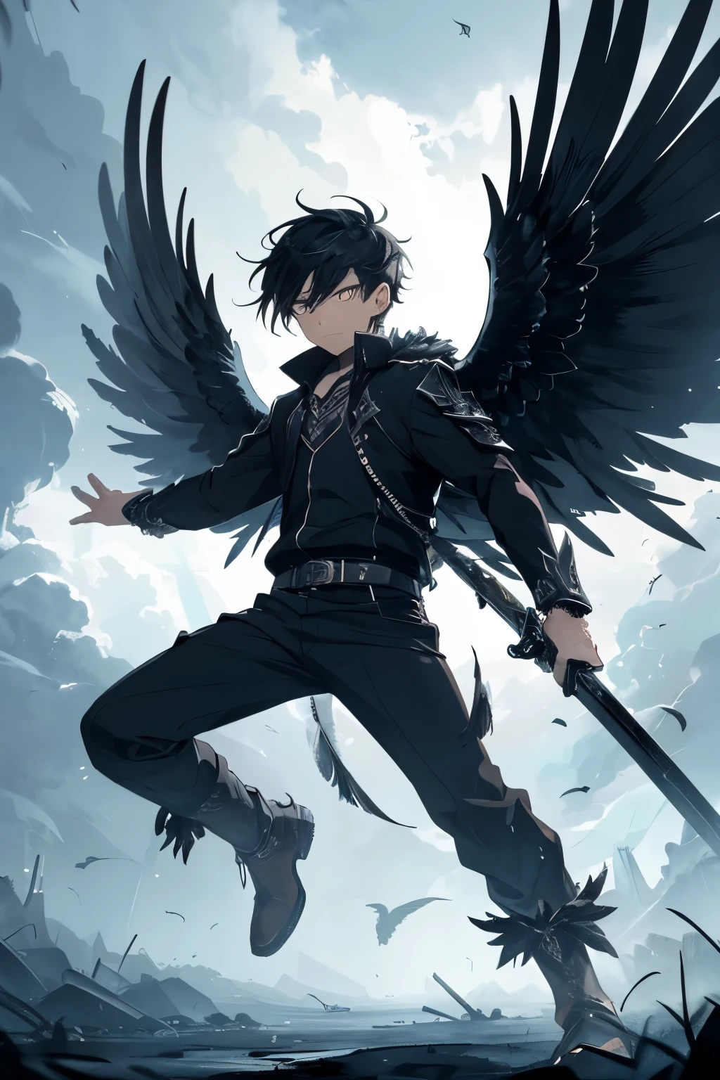 A two-dimensional boy with black wings spread wide, holding a sword in one hand, ready to pounce in the air with an attacking stance. The intricate details of his feathered wings are beautifully rendered, each feather carefully crafted with sharp edges and bold strokes. His piercing eyes burn with intensity, and his chiseled features are illustrated with meticulous precision. The background is a dramatic, stormy sky, adding to the sense of excitement and urgency in the scene. The contrast between the boy's vibrant, vivid colors and the dark, ominous clouds creates a dynamic and visually striking image.
