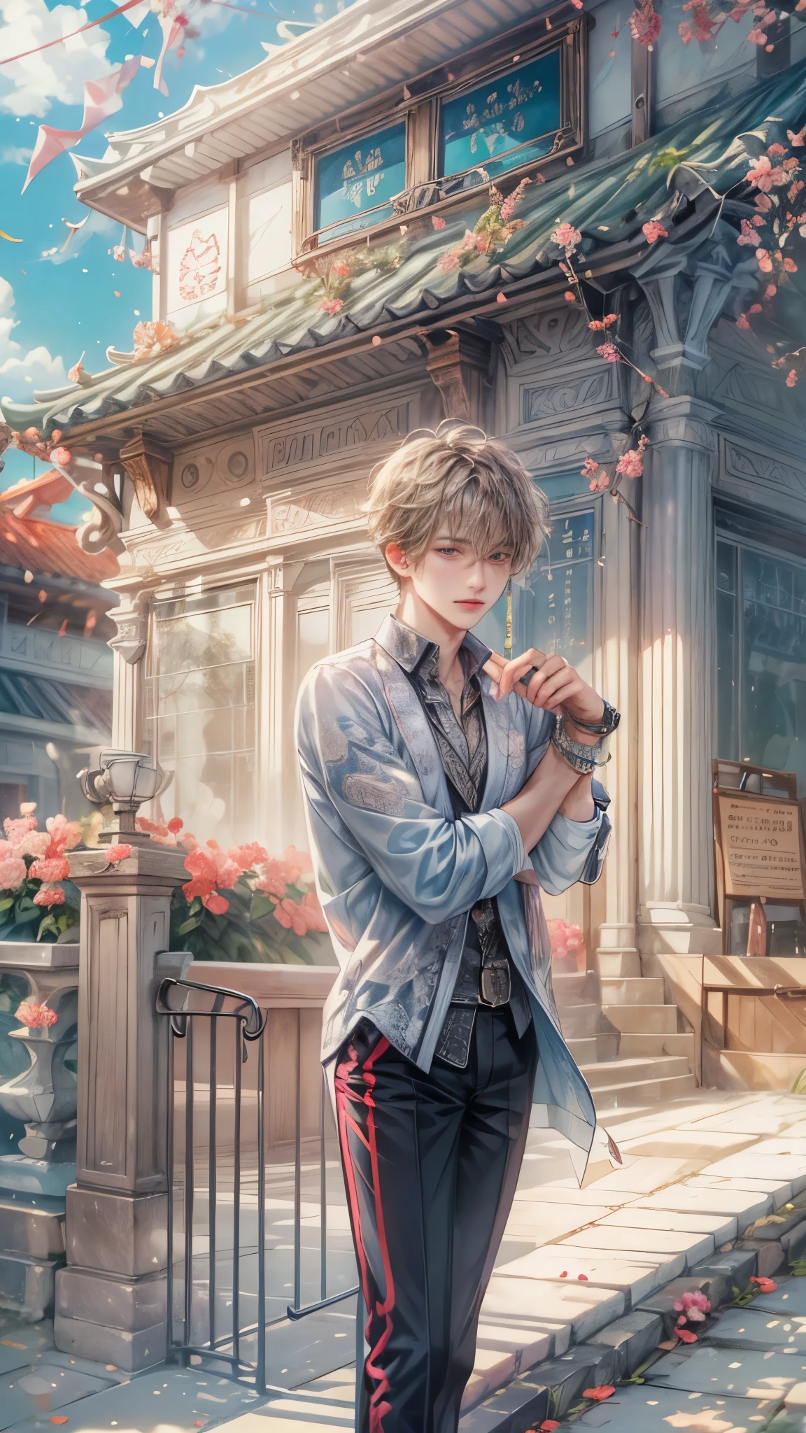(absurdres, highres, ultra detailed, HDR), masterpiece, intricate, best quality, portrait of a character from Ikemen Shoujo Manga, a male idol in a detailed scenery town background 