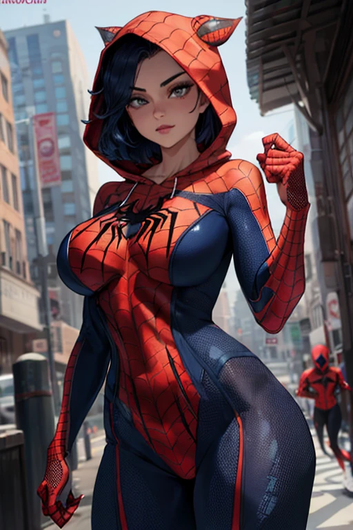 women,1girl,milf,spider women,spiderman suit,superhero, spider web print, hooded bodysuit,thic thights,big breasts