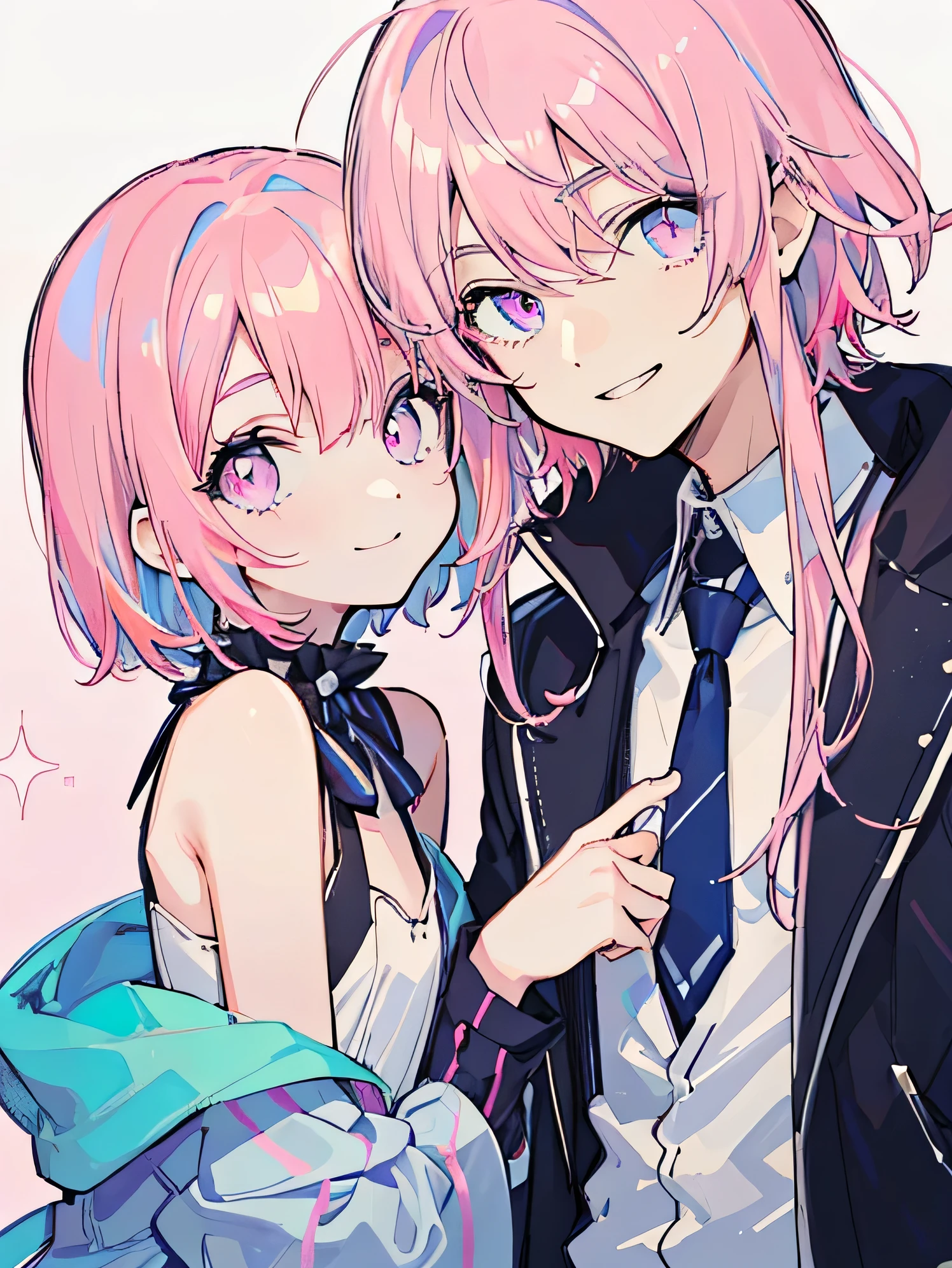 ((masterpiece, Super detailed, high quality, eye details, sparkling eyes)), two people, brother and sister take a photo together, ((My brother&#39;s height is 178 cm., pink hair, short hair down in front, habitually scatter, pink and purple eyes, neutral face, flat chest, nice, No expression, clear eyey sister&#39;s height is 163 cm, pink hair, short hair down in front, fluffy, Light blue and pink eyes, smile)).