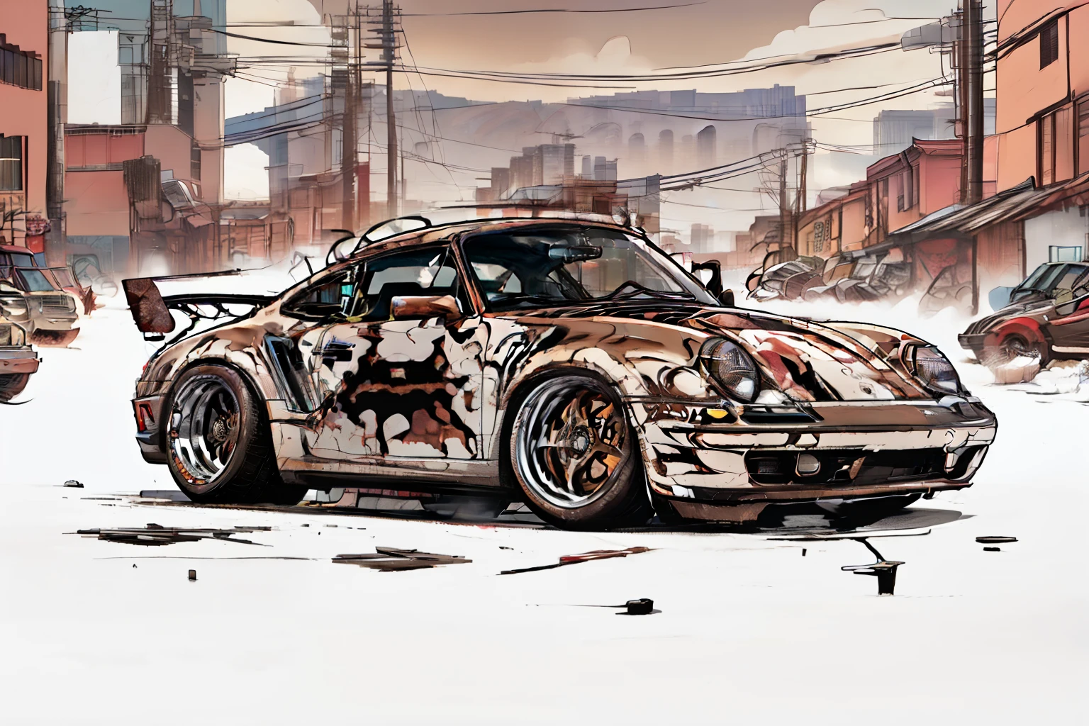 nvinkpunk, painting of a city with a Kodiak brown metallic paint, metallic brown Porsche 911 rwb rotting,wide bodykit, large wheels, high quality,