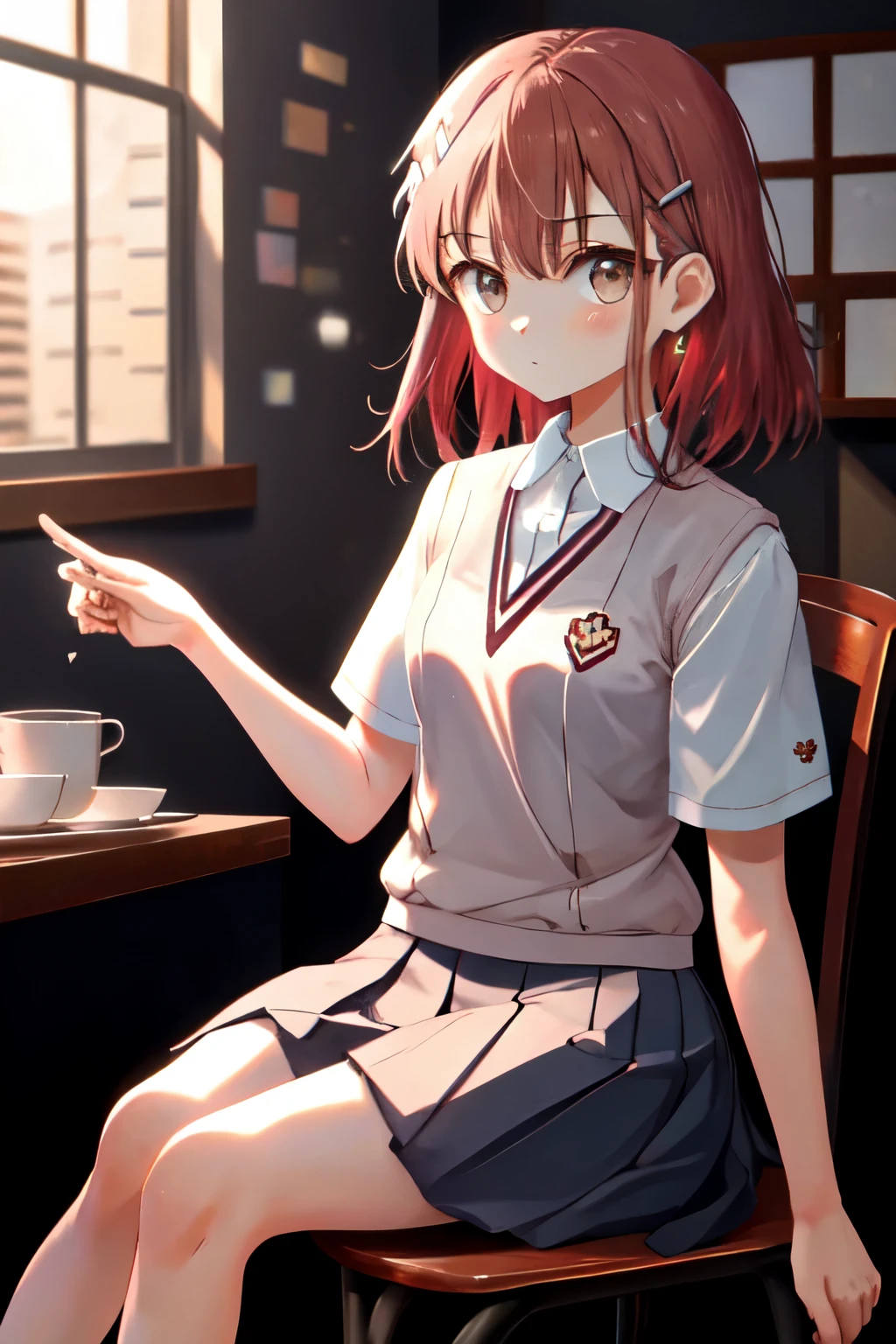 masterpiece, highest quality, High resolution, 1 hair clip for girls, Tokiwadai uniform sitting on a chair