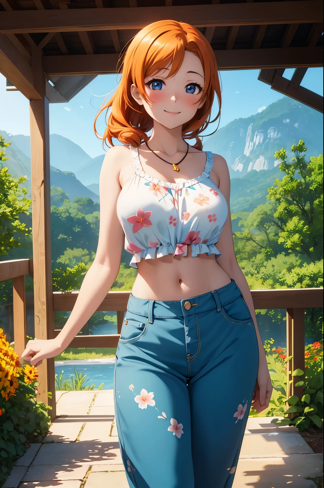 (Masterpiece, Best Quality, High Quality), (chibi),kousaka honoka, orange hair,low ponytail, blue eyes, volumetric lighting, illustration, beautiful, tight , Blushing, breasts, looking at viewer, blue top with shining stars, white harem pants,solo, floral print,looking to the side, confident, seductive smile, (head tilt:1.1), heart pendant,perfect lighting, perfect shadows, flower, (breathtaking scenery:1.1), tree, blushing