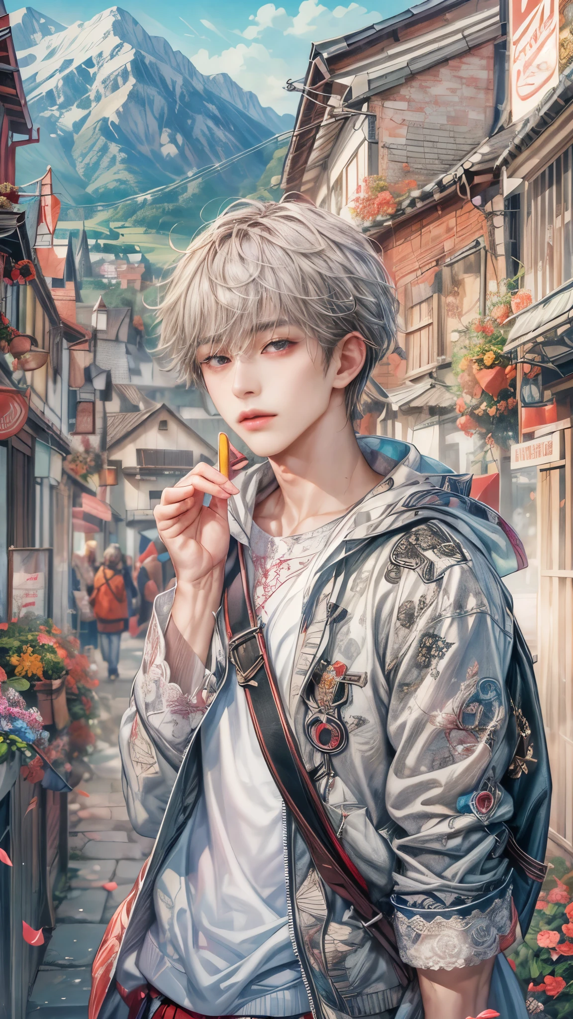 (absurdres, highres, ultra detailed, HDR), masterpiece, intricate, best quality, portrait of a character from Ikemen Shoujo Manga, a male idol in a detailed scenery town background