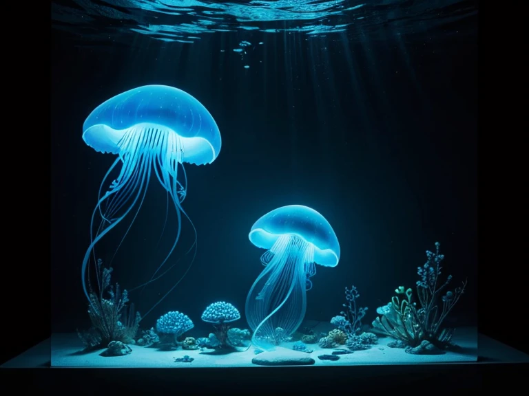 (une belle, mesmerizing round jellyfish),(Bioluminescent jellyfish:1.3),(tentacules doux et brillants),(Corps ),(mouvements délicats et gracieux),(Underwater scene),(eau d&#39;un bleu profond),(reflets subtils),(soft, ambient lighting),(Ethereal beauty),(mouvement fluide et fluide, mysterious and enchanting),(couleurs vibrantes dans les environs),(detailed texture on the tentacles),(hidden patterns on the body),(captivant et surnaturel),(faisceaux lumineux réfractés),(ambiance sereine et paisible),(capturer l&#39;essence de la vie oceanique),(immersed in a quiet world),(danse gracieuse dans les profondeurs de la mer),(conferring a feeling of tranquility and respect),(ombres et lumières dansantes),(capturer l&#39;essence de l&#39;marine elegance),(sensory experience),(ondulations subtiles à la surface de l’eau),(motifs fractals illuminant les environs),(illuminé par bioluminescence),(structure corporelle complexe et délicate),(mouvement serein dans l&#39;eau),(mouvement subtil de l&#39;eau autour d&#39;elle),(evoking a feeling of&#39;wonder),(revealing the hidden beauty of&#39;ocean),(translucent and ethereal),(create a sentiment d&#39;harmonie et d&#39;wonder),(un chef-d&#39;work of nature design),(creating a harmonious contrast between light and&#39;darkness),(une symphonie de couleurs et de textures),(transformer l&#39;ordinaire en extraordinaire),(une exposition captivante de la beauté de la nature).