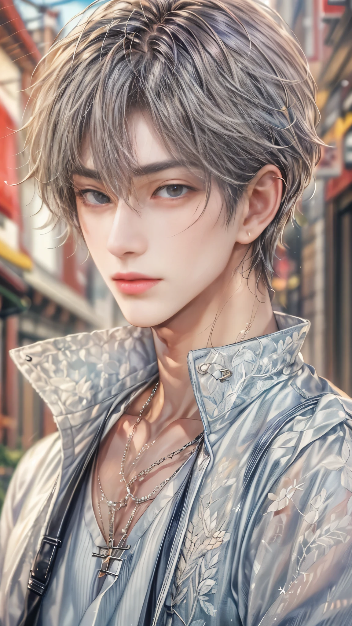 (absurdres, highres, ultra detailed, HDR), masterpiece, intricate, best quality, portrait of a character from Ikemen Shoujo Manga, a male idol in a detailed scenery town background