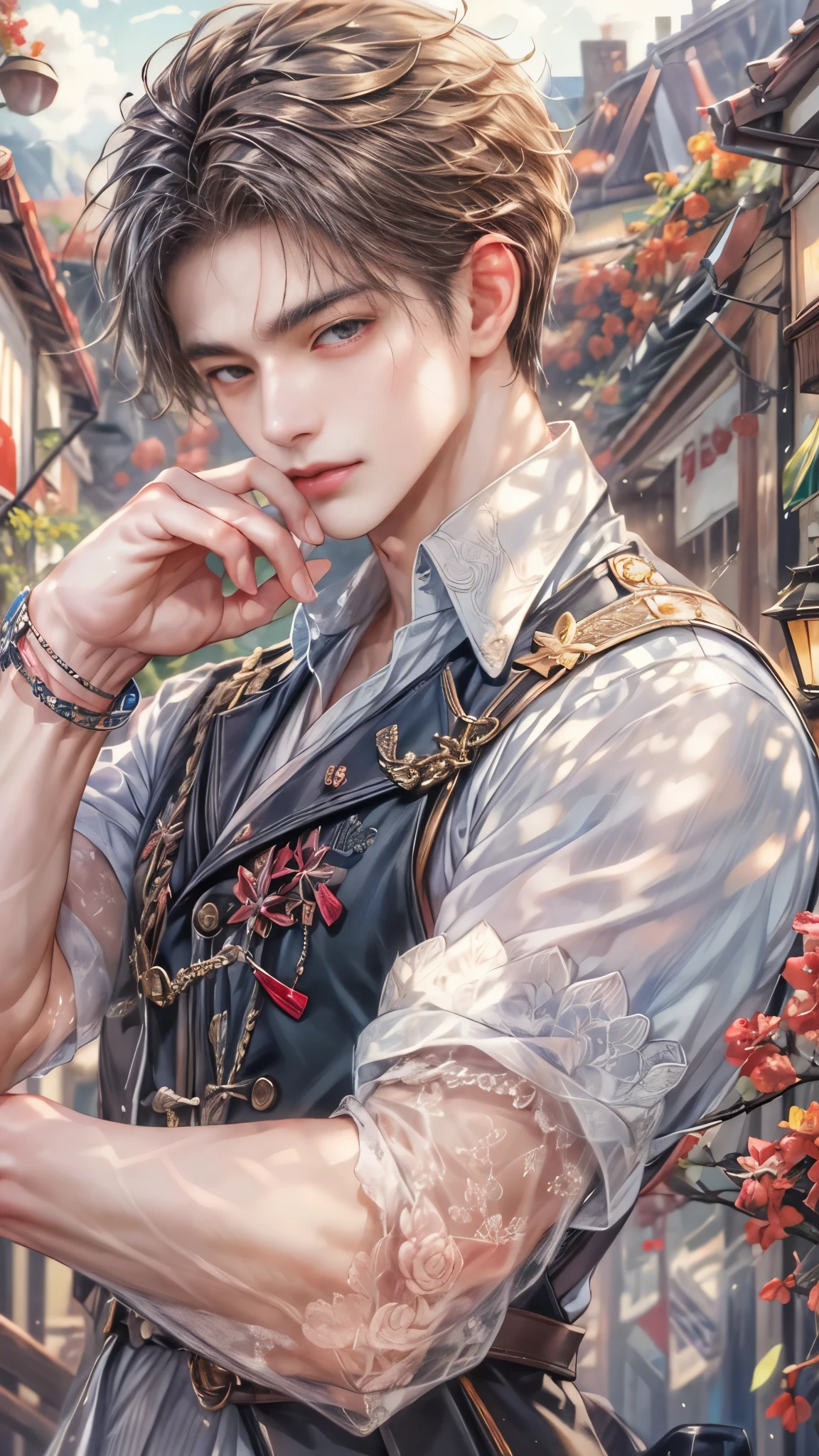 (absurdres, highres, ultra detailed, HDR), masterpiece, intricate, best quality, portrait of a character from Ikemen Shoujo Manga, a male idol in a detailed scenery town background 