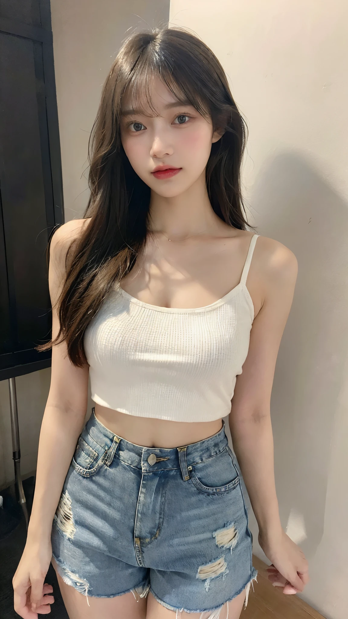 (photorealistic:1.8),(bokeh:0.3),((((film grain)))),(masterpiece:1.2),(highest quality:1.2),8k,raw photo,High-quality texture,detailed texture, Girl in thin low cut camisole and tight denim shorts poses for photo、full body Esbian、Cropped T-shirt、bra very、Slim body、(large breasts, cleavage, indoors)、Slim Girl Model、24 year old female model、Beautiful body Highly detailed face　Facing the front　Navel out　See all Lower abdomen　showing a beautiful belly　Pink Too torn denim shorts　Shabby denim shorts　Thigh exposure　Shabby string camisole　Only the strings are too short camisoles　Denim shorts that are too short　genitals are visible　Low-rise denim shorticro Denim Shorts　Scanty　Denim panties　Show all your beautiful body