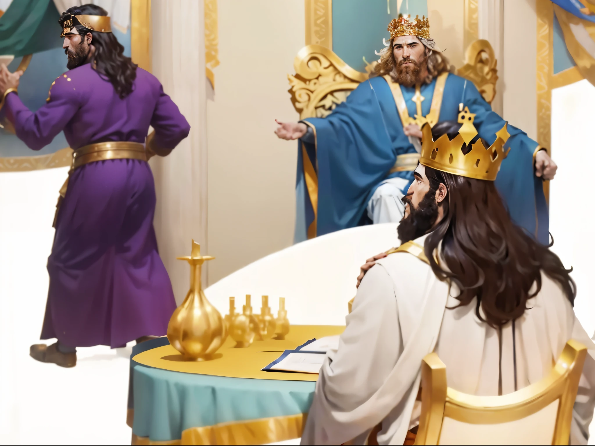 There is a banquet. There's a king standing, saindo por uma porta. There is a woman sitting with a crown on her head. There's a man standing with a crown on his head. biblical costumes. Biblical setting. biblical style. comic book style.