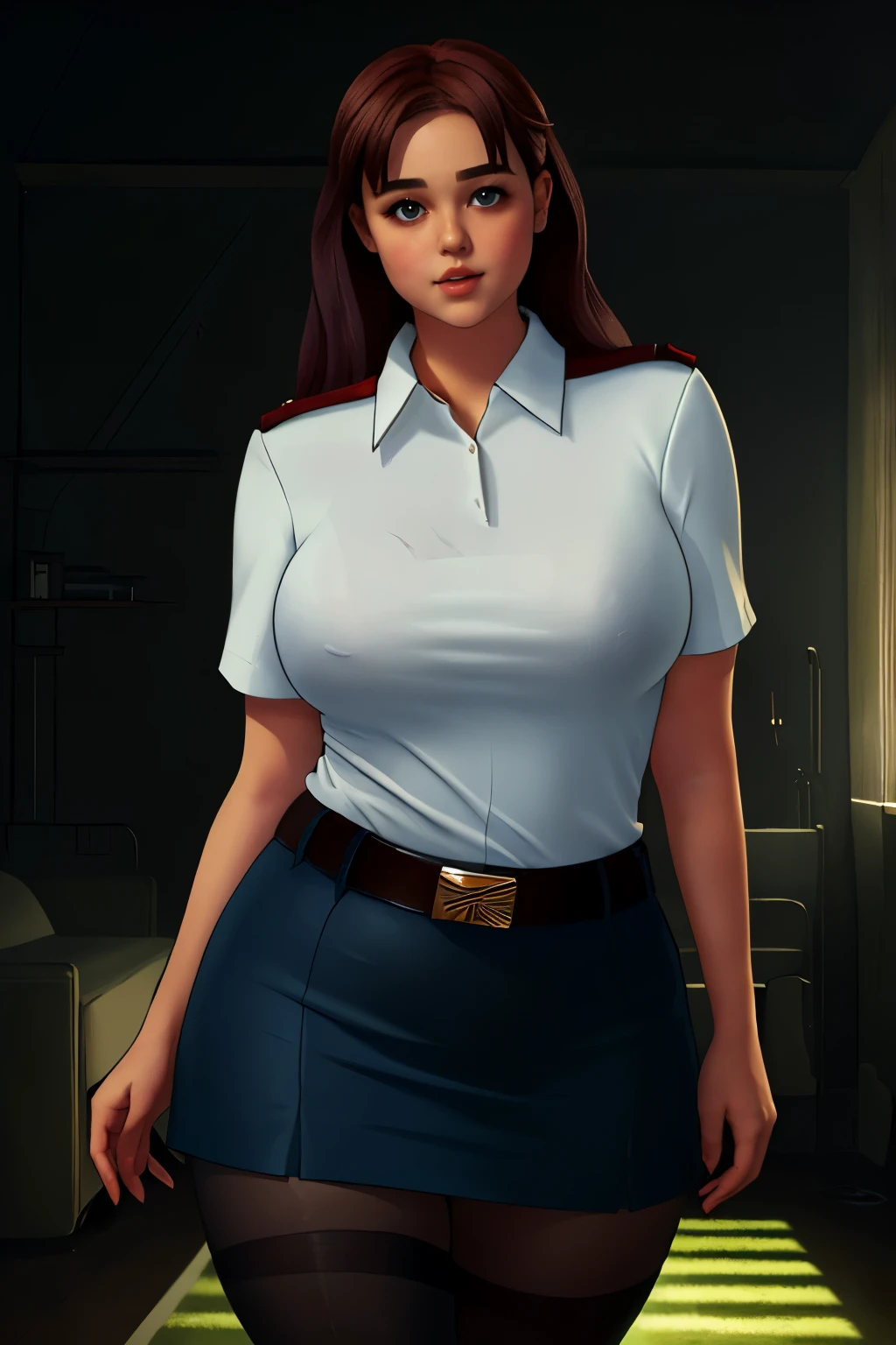 ((masterpiece)), ((photorealistic)), ((8k wallpaper)) , ((best quality)), perfect quality, solo, (detailed eyes), girl, red hair, small smile, very young, face : (very young, 18 years, very thin face, makeup, (perfect face), European, very beautiful face, young), (got very fat), figure : (very full figure, curvy, very thicc, (very plump), (very chubby), (very chubby belly), love handles, (very chubby belly bottom), muffin top, (belly bulge), (wide waist), very soft, very thick, sexy, sexy pose, very fat, fat rolls, belly rolls, fat thighs). clothes: ( short tight miniskirt, tight belt, very tight uniform, very tight shirt, ripped tights ).