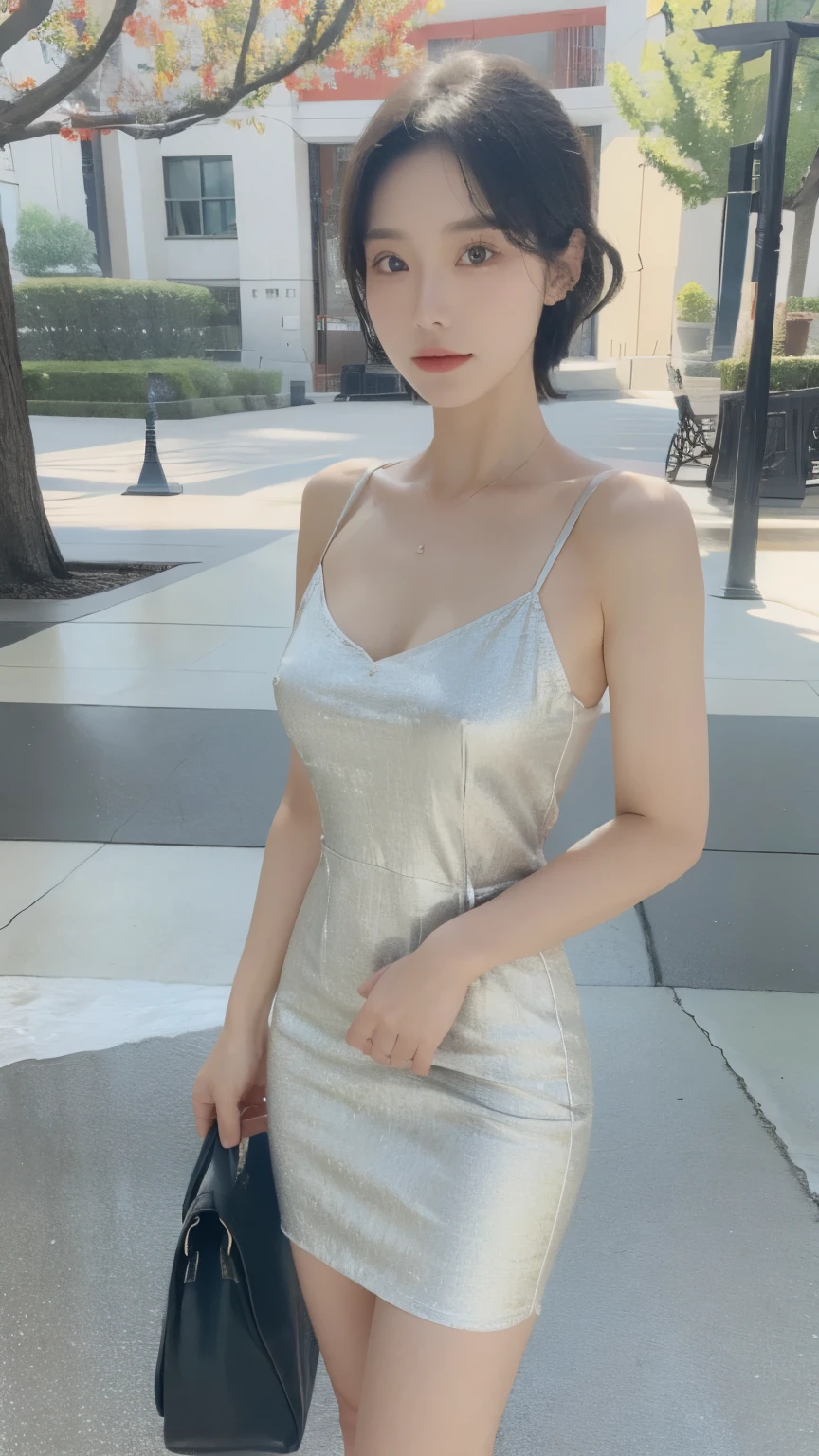 individual，young girl，23 years old, （（evening dress）），fine hair, Detailed faces, full的身材，full, Short hair details, Look up, There is a beauty mole， Taikoo Li，Standing whole body，love