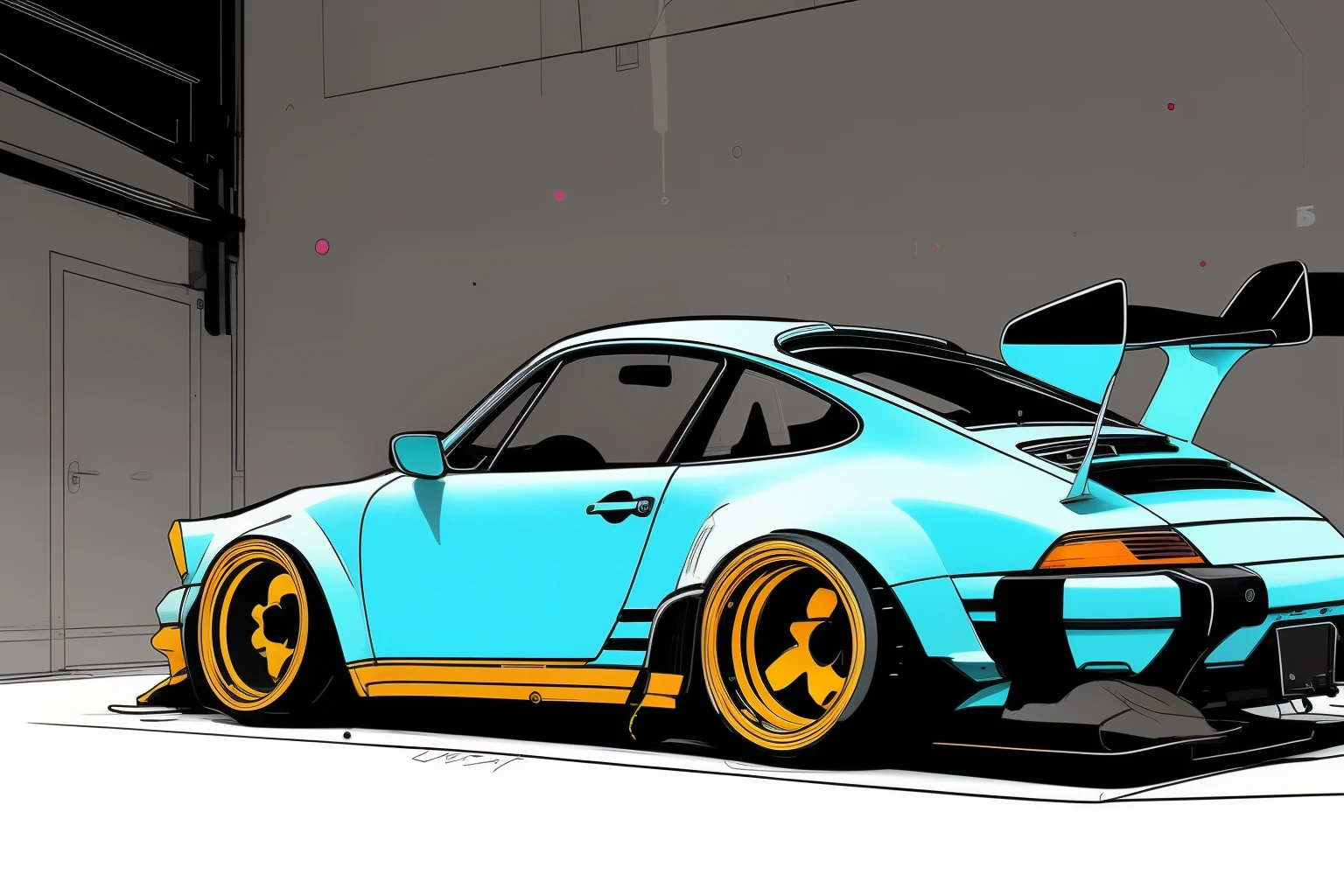 nvinkpunk, painting of a city with a baby blue  Porsche 911 rwb rotting,wide bodykit, high quality,