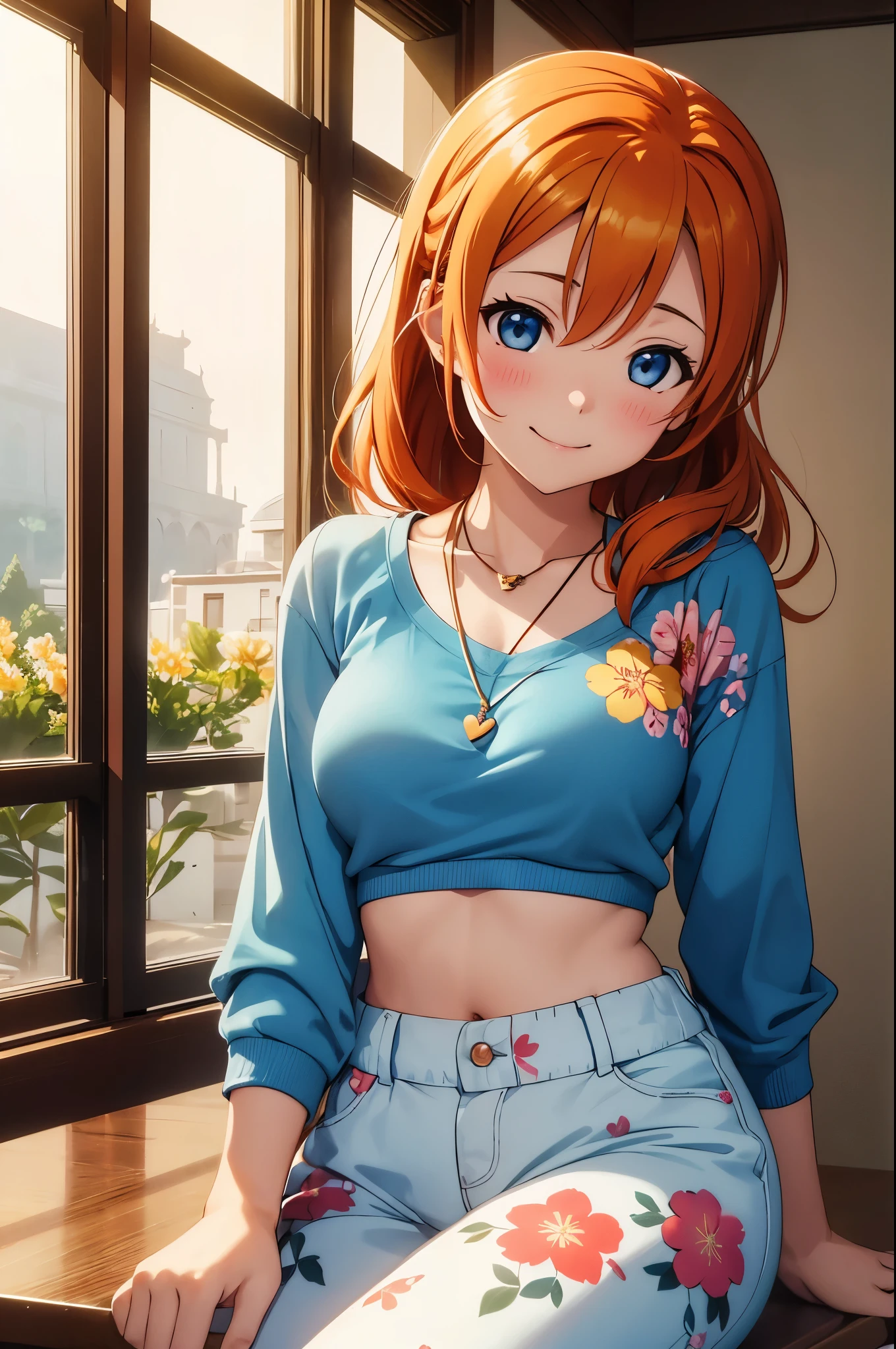 (Masterpiece, Best Quality, High Quality), (chibi),kousaka honoka, orange hair,low ponytail, blue eyes, volumetric lighting, illustration, beautiful, tight , Blushing, breasts, looking at viewer, blue top with shining stars, white harem pants,solo, floral print,looking to the side, confident, seductive smile, (head tilt:1.1), heart pendant,perfect lighting, perfect shadows, flower, (breathtaking scenery:1.1), tree, blushing