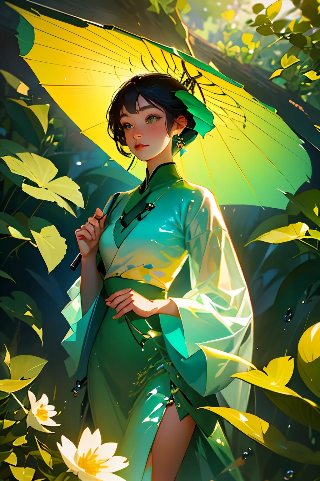 In this captivating scene, a girl dressed in green stands out against the backdrop of a horizontal plate composition. The perspective is big, immersing the viewer in the lush peach blossom forest. The ink style adds a touch of traditional sophistication, while the colors remain fresh and elegant, perfectly capturing the essence of spring. White space is thoughtfully integrated into the design, creating a sense of tranquility and balance. As the girl walks under the shelter of her umbrella, raindrops dance on the leaves above, blessing the forest with a renewing shower.